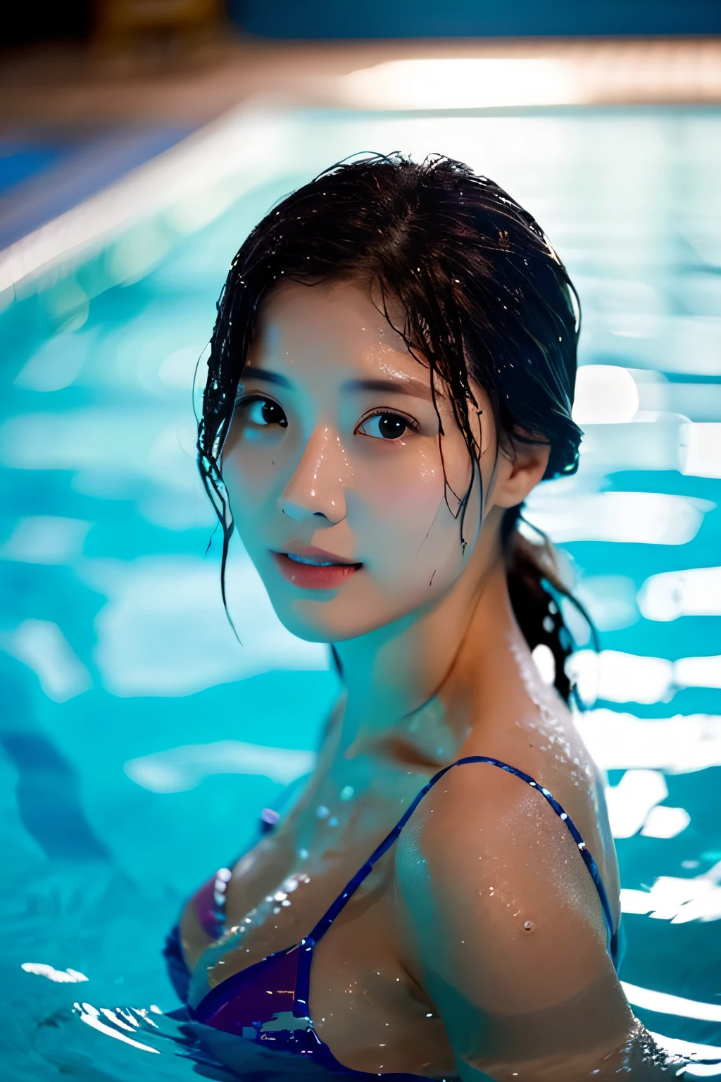 (top-quality、masterpiece:1.2)、(Photorealsitic:1.2)、Female 36 years old、swimming pools、Wet hair、dramatic lighting、tropical background