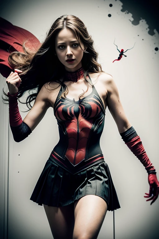Amy Acker、Sticking out the navel、newyork、She wears a torn Spider-Man suit,wearing skirt、 Red and black color scheme,Dynamic、​masterpiece、top-quality、ultra-detailliert、ighly detailed、beautiful detailed brilliance、超A high resolution