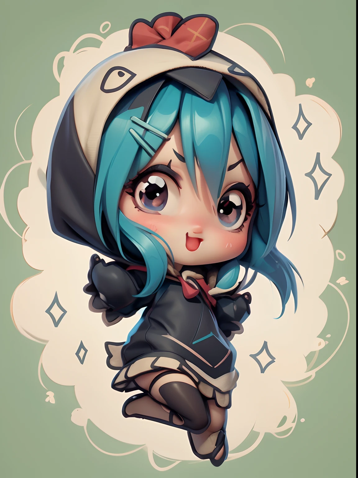 Create a series of  chibi style dolls with a cute Christmas theme, sorridente e fofo, each with lots of detail and in an 8K resolution. All dolls must follow the same solid background pattern and be complete in the image, mostrando o (corpo inteiro, incluindo as pernas: 1.5)

Boneco Natal: Chame-a de Beto. Ela deve ter cabelos em tons coloridos e natalinos. Seus olhos devem ser grandes e brilhantes, with long eyelashes and rosy cheeks. Must be dressed in a jumpsuit in Christmas tones. She should wear a hat and have Christmas accessories on hand, while in the other has nothing. Don't forget the details, com detalhes coloridos e enfeites encantadores, sapato bonito

Certifique-se de adicionar sombras, texturas e detalhes nos cabelos, roupas, Cute accessories of each doll, to make them even more adorable and charming.