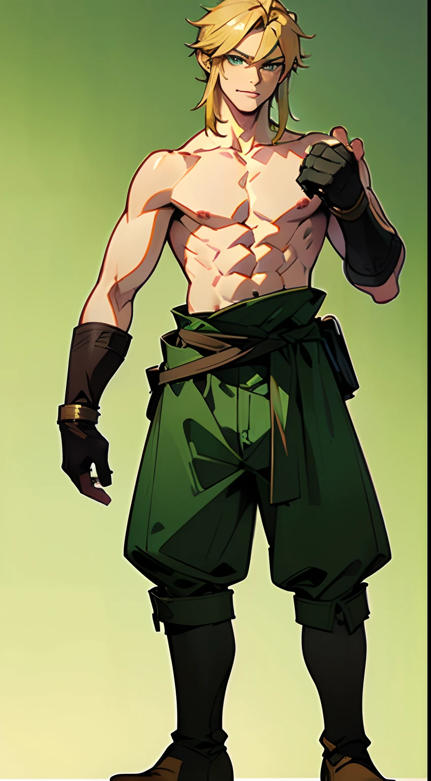 blond, tall, green-eyed guy, viking style, russian hero style, strong,  anime style, anime  , link, ( short gloves), standing, (topless:1.3), demigod , (muscular:0.3),(sport:0.2), (empty dojo),(smiling:0.5), (dominant),(evil:0.6)(confident)(sadistic)(adult:1.5)(masculine:1.2)(slender:0.5)(powerful)(looking at viewer)(pants)(beautiful eyes)(full body)(combat hiking boots)