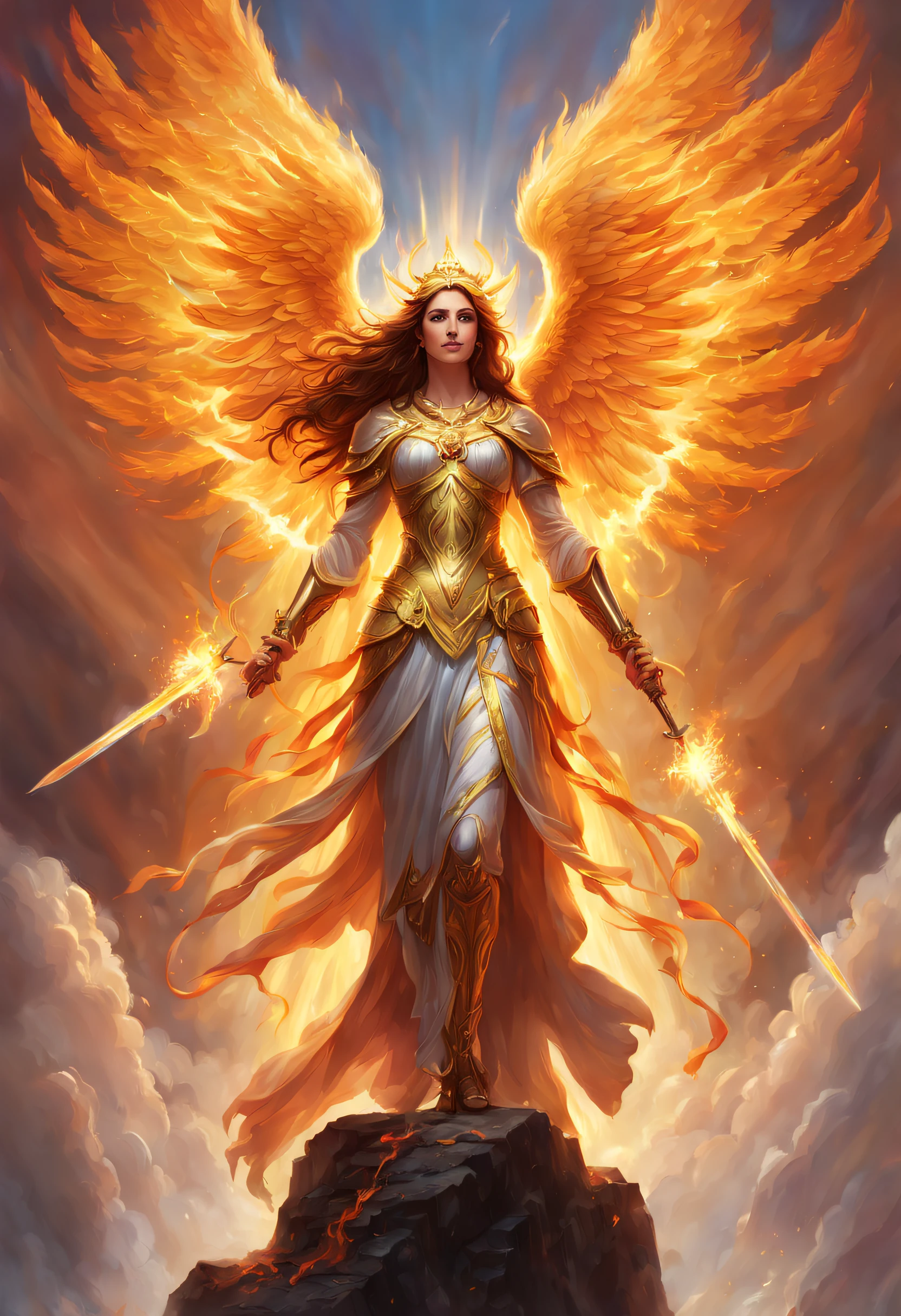 An archangel with flaming sword,angelic being,heroic and majestic figure,long flowing hair,beautiful detailed wings,shining armor,bright golden light(halo),heavenly glow,crimson and orange flames,burning inferno,divine power,ethereal presence,celestial background,sacred and powerful,supernatural strength,miraculous energy,blazing fire,glowing sword,majestic and awe-inspiring,divine intervention,powerful stance, intense stare,fiery determination,breathtaking colors,heavenly warrior,inferno rising,angelic guardian,omnipotent force,flaming weapon of justice and protection,celestial realm,fire and light merging in harmony,transcendent beauty,godly radiance,dazzling brilliance,burning passion,powerful divine presence,revelation and transformation,divine purpose,majestic entrance,intense and unforgettable,glorious display of power,mythical and legendary,heavenly sentinel,dynamic and captivating,flaming wings of righteousness,everlasting flame.