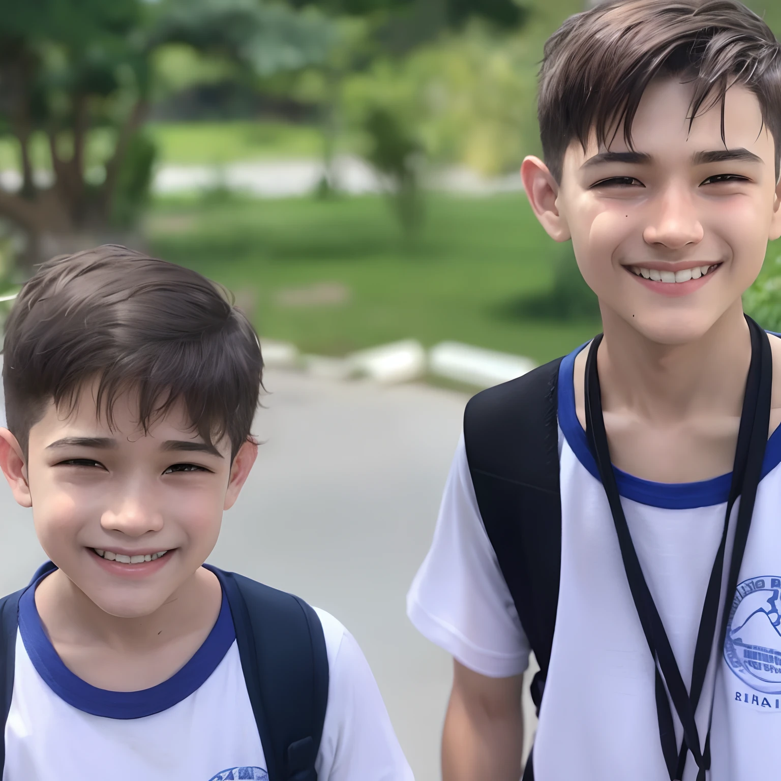 Two boys stand next to each other with backpacks, both smiling for the camera, Bowater Charlie e Brom Gerald, Petros e Leonid, handsome symmetrical faces, sorriso ligeiramente desajeitado!, Ruan Jia e Brom, usando uniforme escolar, symmetrical faces!!!, usando uniforme escolar, Pablo Carpio e Jordan Grimmer, com rostos molhados!!, meninos bonitos