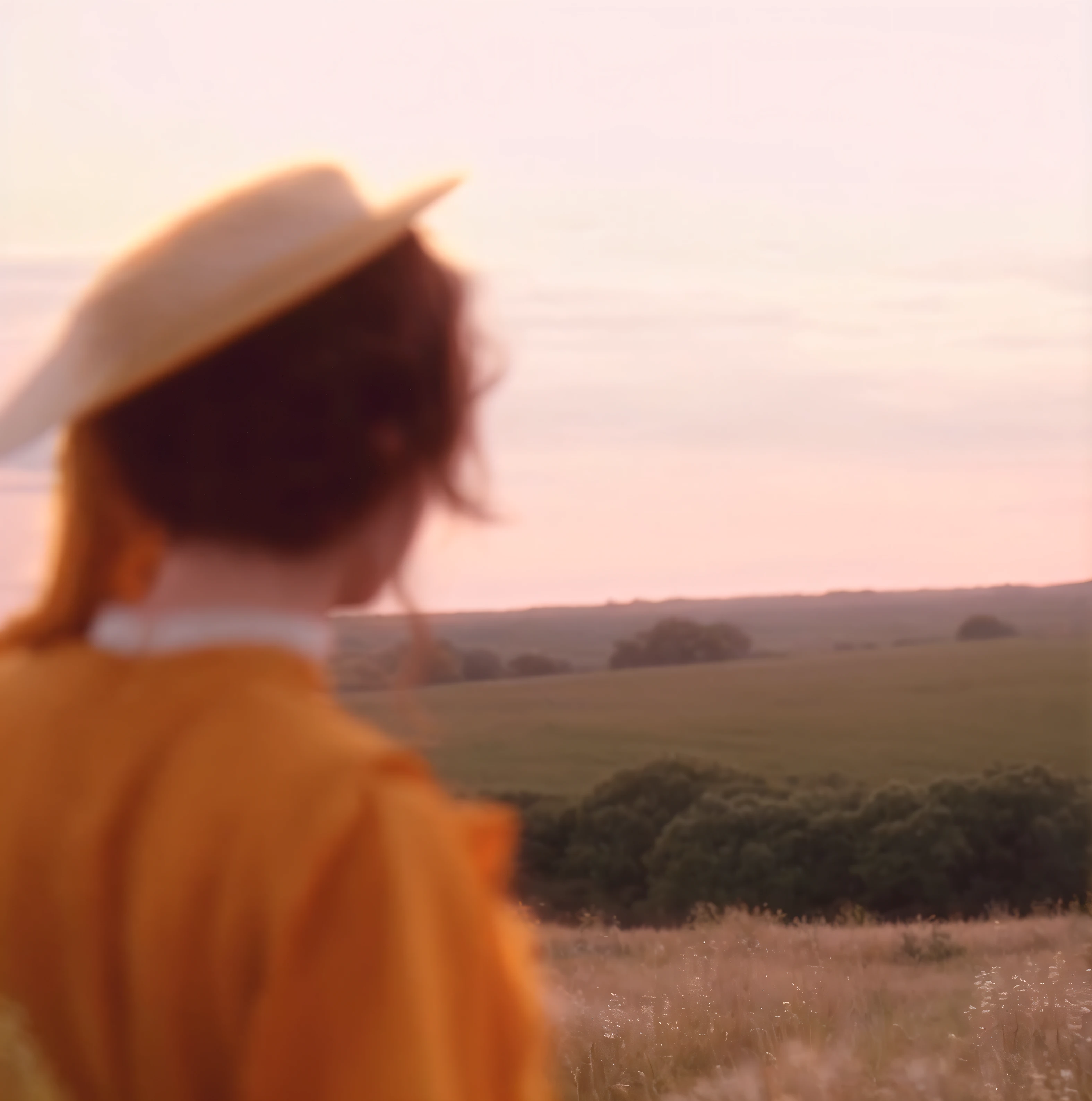 There is a woman in a yellow dress and hat standing in a field, high resolution film still, a still of an ethereal, cinematic Film still from, still from a music video, still frame from a movie, looking towards the horizon, beautiful cinematography, cinematic Film still from, cinematic Film still from, color footage, photo still of behind view, cinematic Film still from