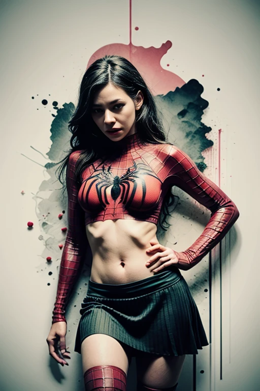 Evangeline Lilly、Sticking out the navel、newyork、She wears a torn Spider-Man suit,wearing skirt、 Red and black color scheme,Dynamic、masterpiece、top-quality、ultra-detailliert、ighly detailed、beautiful detailed brilliance、超A high resolution