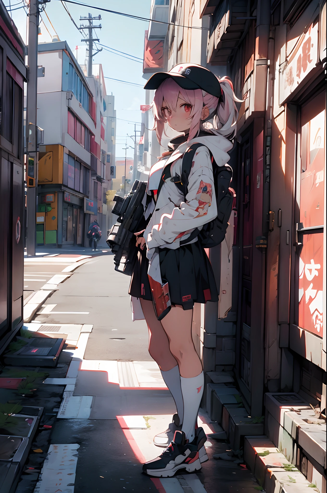 anime girl with a gun and a backpack standing in front of a wall of newspapers, long white haair, emo, Trendy Girl, wearing a cool jacket, cap, red brake wall with newspaper background, anime style 4 k, artwork in the style of guweiz, best anime 4k konachan wallpaper, cyberpunk anime girl in hoodie, anime art wallpaper 8 k, e-girl, e - girl, guweiz, anime style. 8k, anime art wallpaper 4 k