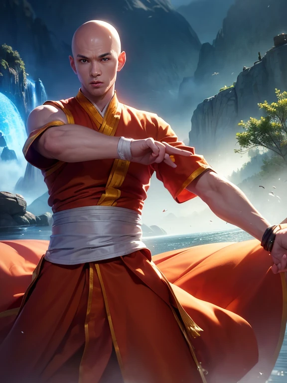 Handsome Shaolin monk、(((1 juvenile，bald-headed，buddhist monk，full bodyesbian，tear-mole:)))full bodyesbian，Sharp eyes，Clear facial features，Angular，dressed white hanfu，Chinese Kung Fu，Powerful dynamic posture，The body is surrounded by purple mist，Runes surround you，Martial arts action，Holographic reality，holographic halo，dynamic blur，Game lighting effects，rim-light，Soft light，cinematic rim light，The light is delicate