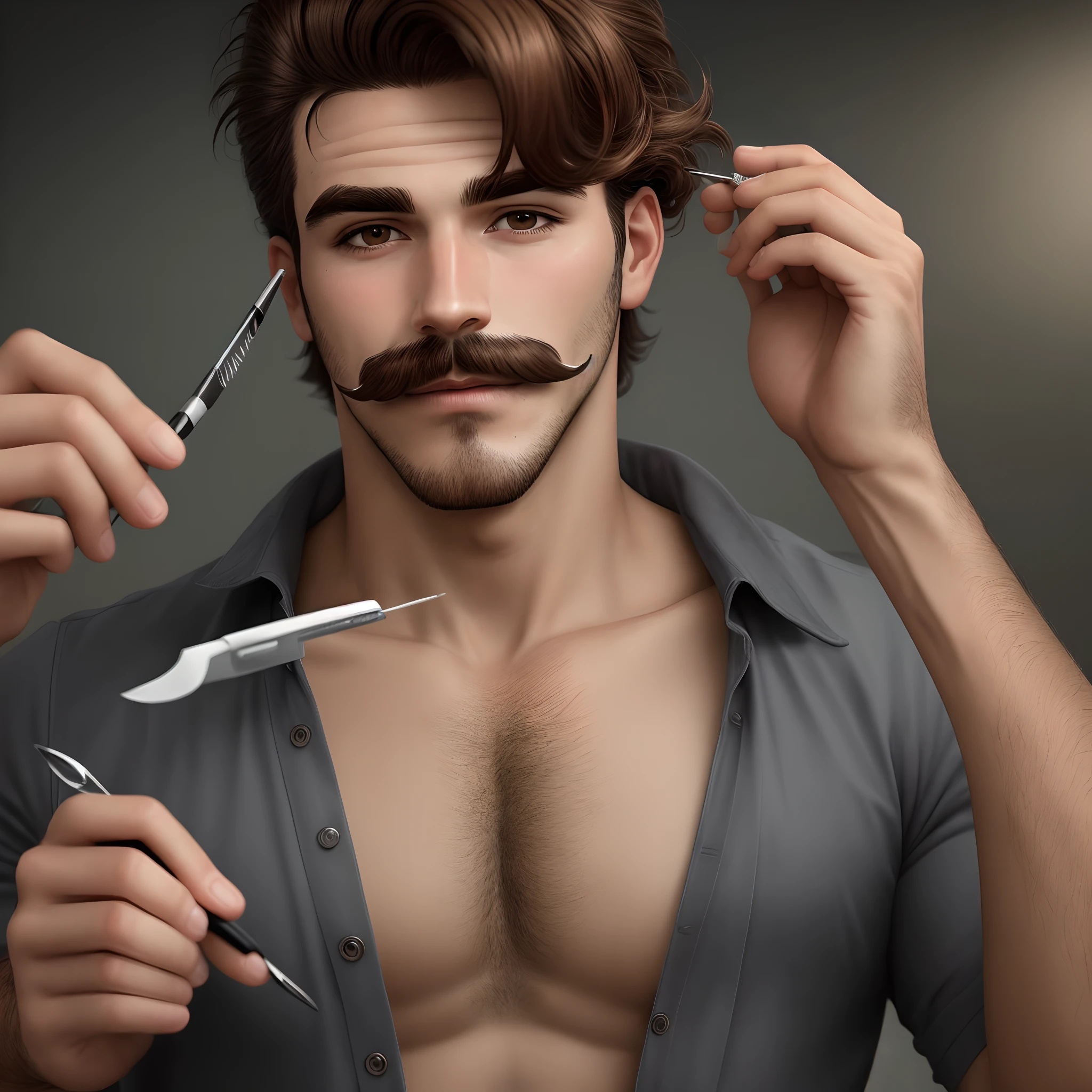 Crie imagem de um homem moreno com bigode e cavanhaque, cabelo preto e curtinho, with eyebrow tweezers in hand