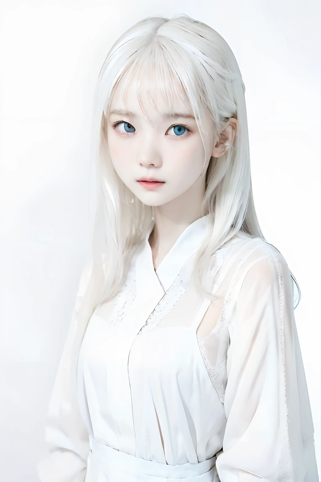 (((White background:1.3)))、Best Quality, masuter piece, High resolution, albino girl、Beautiful white hair:1.5、(((1girl in))), sixteen years old,(((eyes are white:1.3)))、robe blanche、((White shirt:1.3、White Block Dress)), Tindall Effect, Realistic, Shadow Studio,Ultramarine Lighting, dual-tone lighting, (High Detail Skins: 1.2)、Pale colored lighting、Dark lighting、 Digital SLR, Photo, High resolution, 4K, 8K, Background blur,Fade out beautifully、a white world、White background