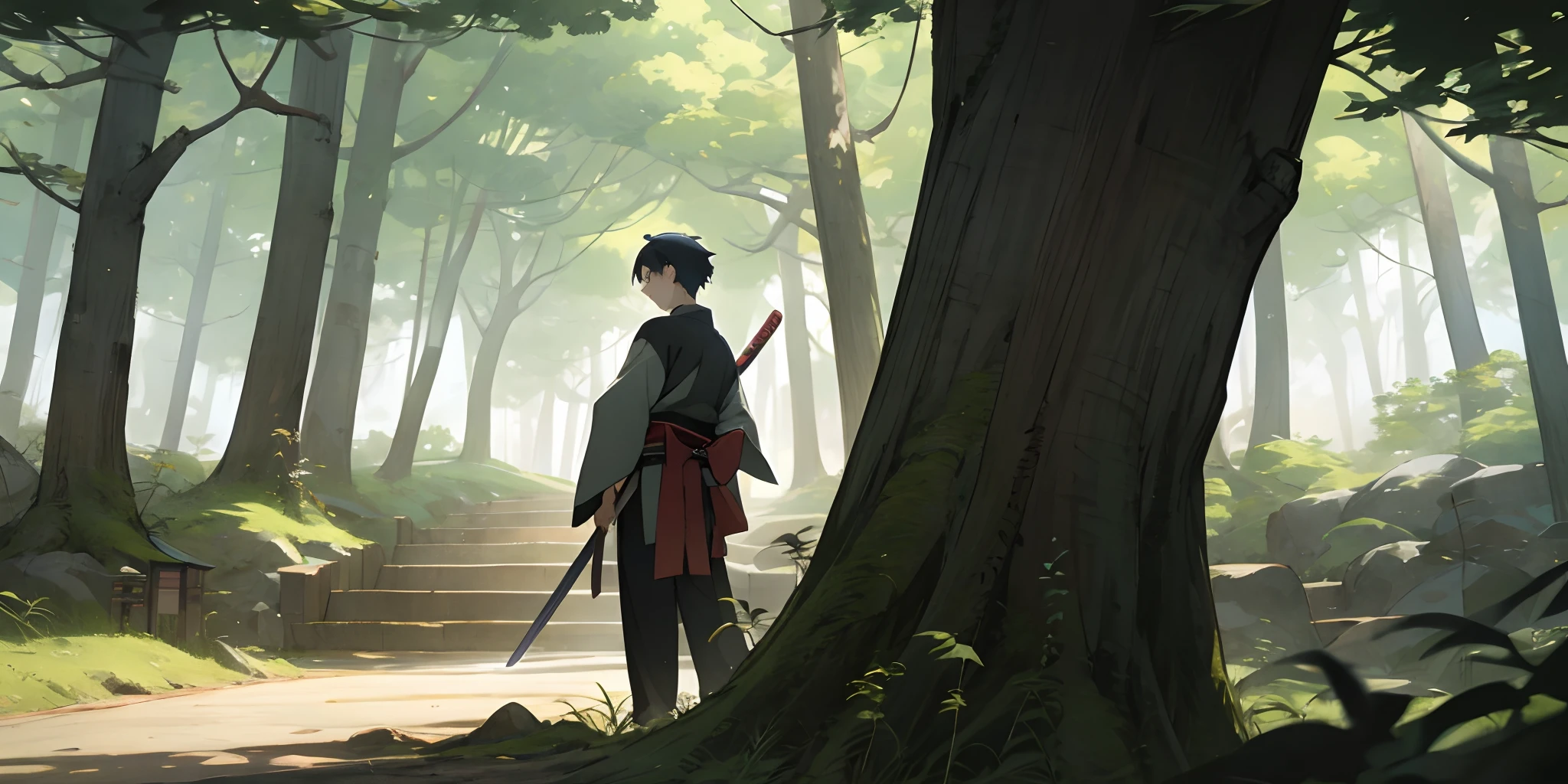 beautiful young boy、Chommage、The sword、swordsmen、Anime-style protagonist、Scenery of the Edo period、Ukiyo-e style、hight resolution、Fantasy Background、naturey、the woods