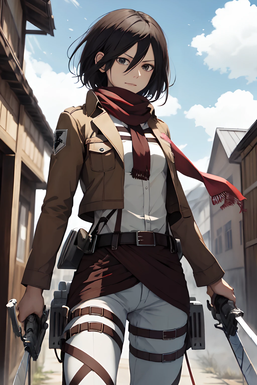 masterpiece, best quality, highres, hmmikasa, short hair, black eyes, scarf, emblem, belt, thigh strap, red scarf, white pants, brown jacket, long sleeves, holding weapon, sword, dual wielding, three-dimensional maneuver gear, fighting stance, sky,