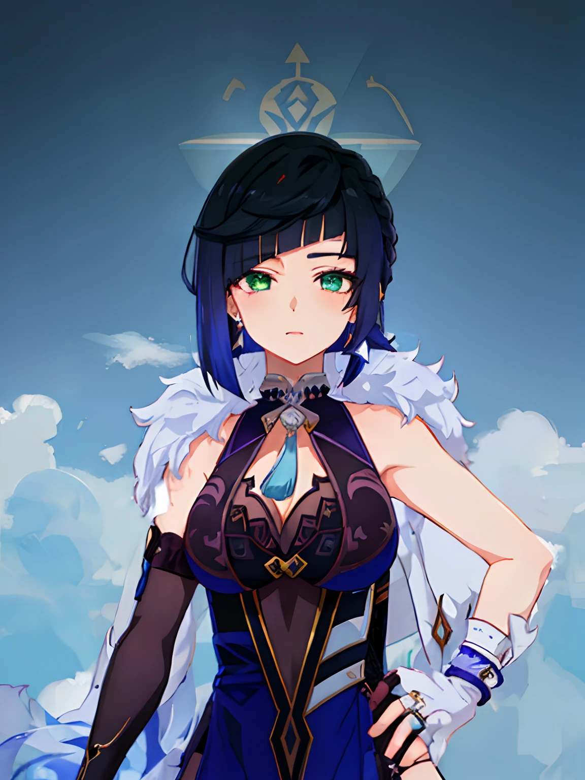 anime girl with a sword and a dress on, genshin impact style anime, bangs, blue_hair, short_hair, green_eyes, big breasts, jewelry, diagonal_bangs, large_breasts, bob_cut, earrings, black_hair, cleavage,yelan_genshin, mature