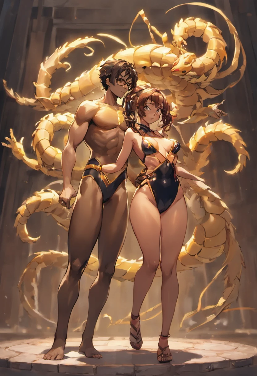 **full render,vector art, 64k, flirty comedy , 2 dark skin people with scorpion tails, size difference couple,Scorpio zodiac couple,scorpion zodiac background::2 (1man,chestnut-skin, almond eyes, dreadlocs,Scorpion manscorpion tail,stinger, boxer, ) and (1woman, chocolate-skinned ,honey eyes, scorpion woman, scorpion tail, stinger, glasses, wearing Scorpion leotard, busty, bubble butt, tone abs, kickboxer,)::2 posing together, high paced, action packed, ((masterpiece, ultra-detailed, highly detailed)) ( full body, (split pov), , ( sense of depth, depth of field, ), anime-realism, lovecore), ROMANTIC, Comedy , depth of field, dynamic angle, scenery, dramatic lighting, volumetric lighting --niji 5 --ar 4:5 --seed 3674** - (relaxed)