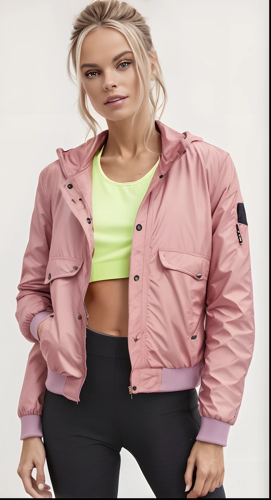 A woman with a pink jacket and black pants, roupas esportivas, suit jacket, roupas esportivas, jaqueta esportiva, jaqueta curta, roupas cor-de-rosa, roupas esportivas fofas, jaqueta bomber, casaco para uma rave, jaqueta sobre tronco nu, casaco elegante para uma rave, usando um capuz rosa, Purple jacket, usando um capuz rosa pastel, roupas pastel, encapuzado, wearing jacket