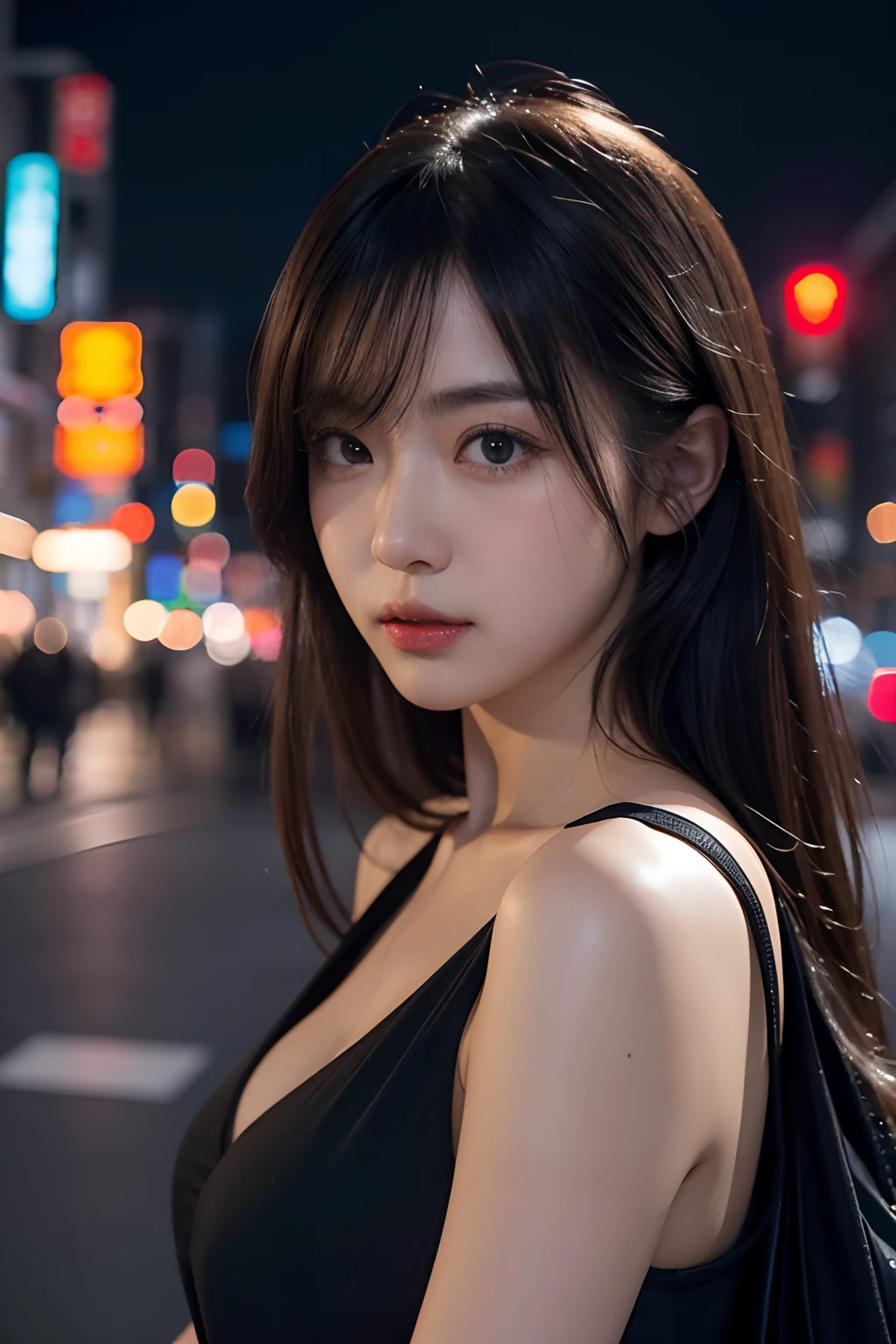 1girl, Tokyo street,night, cityscape,city lights, upper body,close-up, 8k, RAW photo, best quality, masterpiece,realistic, photo-realistic,