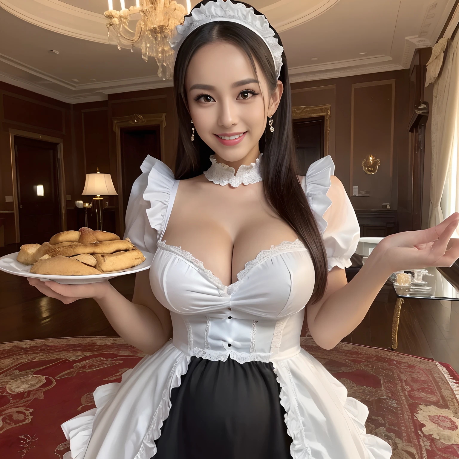 ((1 Beautiful Maid,Adult maid,20yr old,Half Japan and half Spanish,pregnant,Bulging belly,victorian maid, black and white maid uniform,Maid clothes with frills,Maid outfit with big apron,Maid outfit with a big apron,Luxury Maid Clothing,Long skirt, Victorian Maid Costume,Wearing maid clothes,Have a sumptuous meal,The background is the VIP room,Rooms in the mansion,mansion,Luxurious room,Detailed decoration of classy VIP rooms,Luxurious dining table,Detailed treats,Sumptuous cuisine fills the table,feast,Sumptuous feast,There are many luxurious dishes lined up,Luxurious tables,Elegant Standing Maid)),(Emphasize body lines,large full breasts,Big breasts that are about to burst,The biggest smile staring at the camera,Looking at the camera,Abundant hairline,Top image quality, Top image quality, ​masterpiece, White teeth,Perfect smile,A big smile staring at the camera,high-definition RAW color photography, professional photograpy, extremely delicate and beautiful, Extremely detailed,finely detail, Huge file size,Top image quality,8K,Photos taken with a single-lens reflex camera)