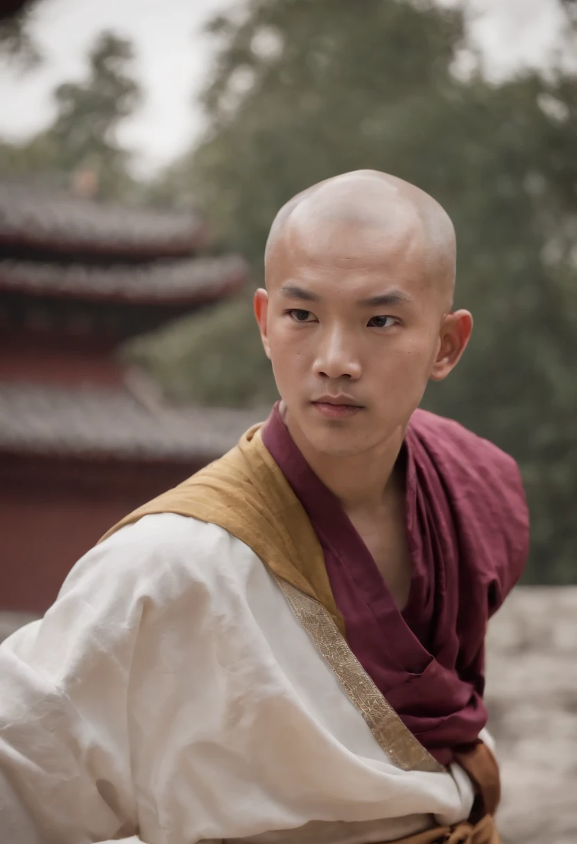 Handsome Shaolin monk、(((1 juvenile，bald-headed，buddhist monk，full bodyesbian，tear-mole:)))full bodyesbian，Sharp eyes，Clear facial features，Angular，dressed white hanfu，Chinese Kung Fu，Powerful dynamic posture，The body is surrounded by purple mist，Runes surround you，Martial arts action，Holographic reality，holographic halo，dynamic blur，Game lighting effects，rim-light，Soft light，cinematic rim light，The light is delicate