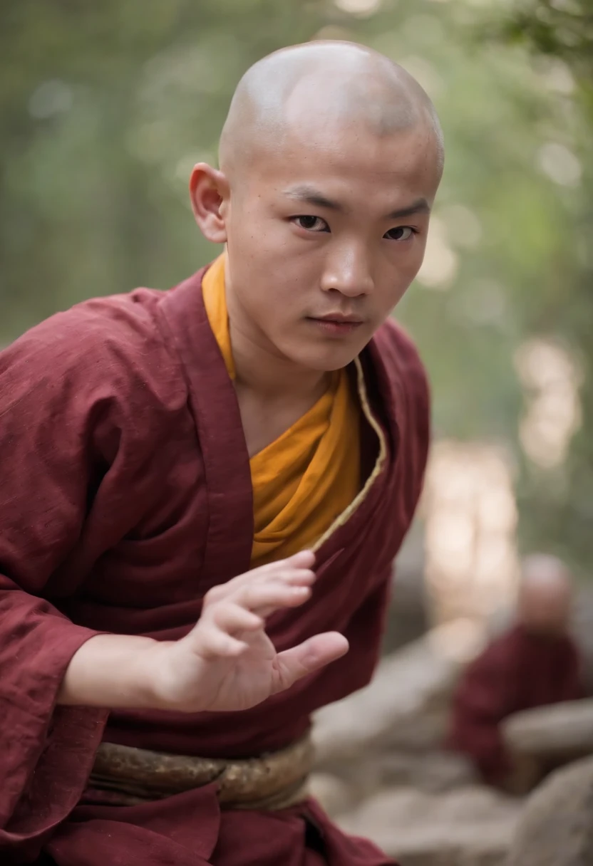 Handsome Shaolin monk、(((1 juvenile,bald-headed,buddhist monk,full bodyesbian,tear-mole:)))full bodyesbian,Sharp eyes,Clear facial features,Angular,dressed white hanfu,Chinese Kung Fu,Powerful dynamic posture,The body is surrounded by purple mist,Runes surround you,Martial arts action,Holographic reality,holographic halo,dynamic blur,Game lighting effects,rim-light,Soft light,cinematic rim light,The light is delicate