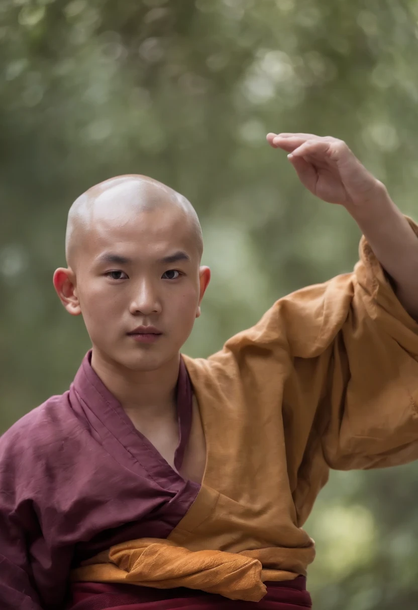 Handsome Shaolin monk、(((1 juvenile，bald-headed，buddhist monk，full bodyesbian，tear-mole:)))full bodyesbian，Sharp eyes，Clear facial features，Angular，dressed white hanfu，Chinese Kung Fu，Powerful dynamic posture，The body is surrounded by purple mist，Runes surround you，Martial arts action，Holographic reality，holographic halo，dynamic blur，Game lighting effects，rim-light，Soft light，cinematic rim light，The light is delicate