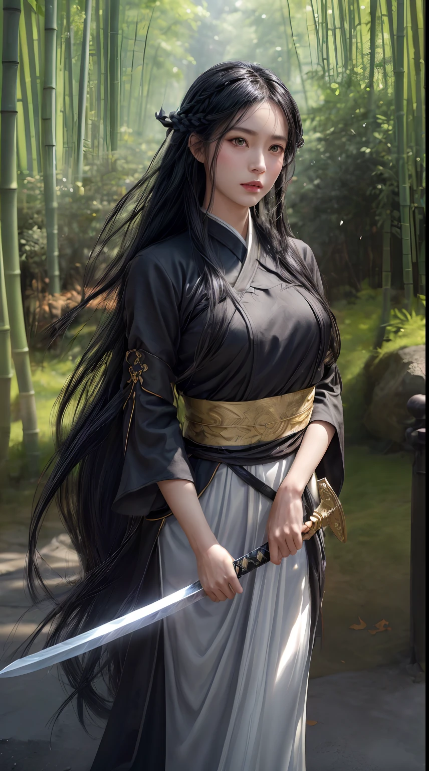 Valkyrie, Black color hair,flowy,vivd colour(Hanfu:1.5),(A sword in his hand),(dream magical:1.5)。(Wind in the bamboo forest), (The wind blows the leaves), ( High skin detail: 1.2), (Best quality,4K,8K,A high resolution,Masterpiece:1.2),(Realistic,Photorealistic,photo-realistic:1.37).