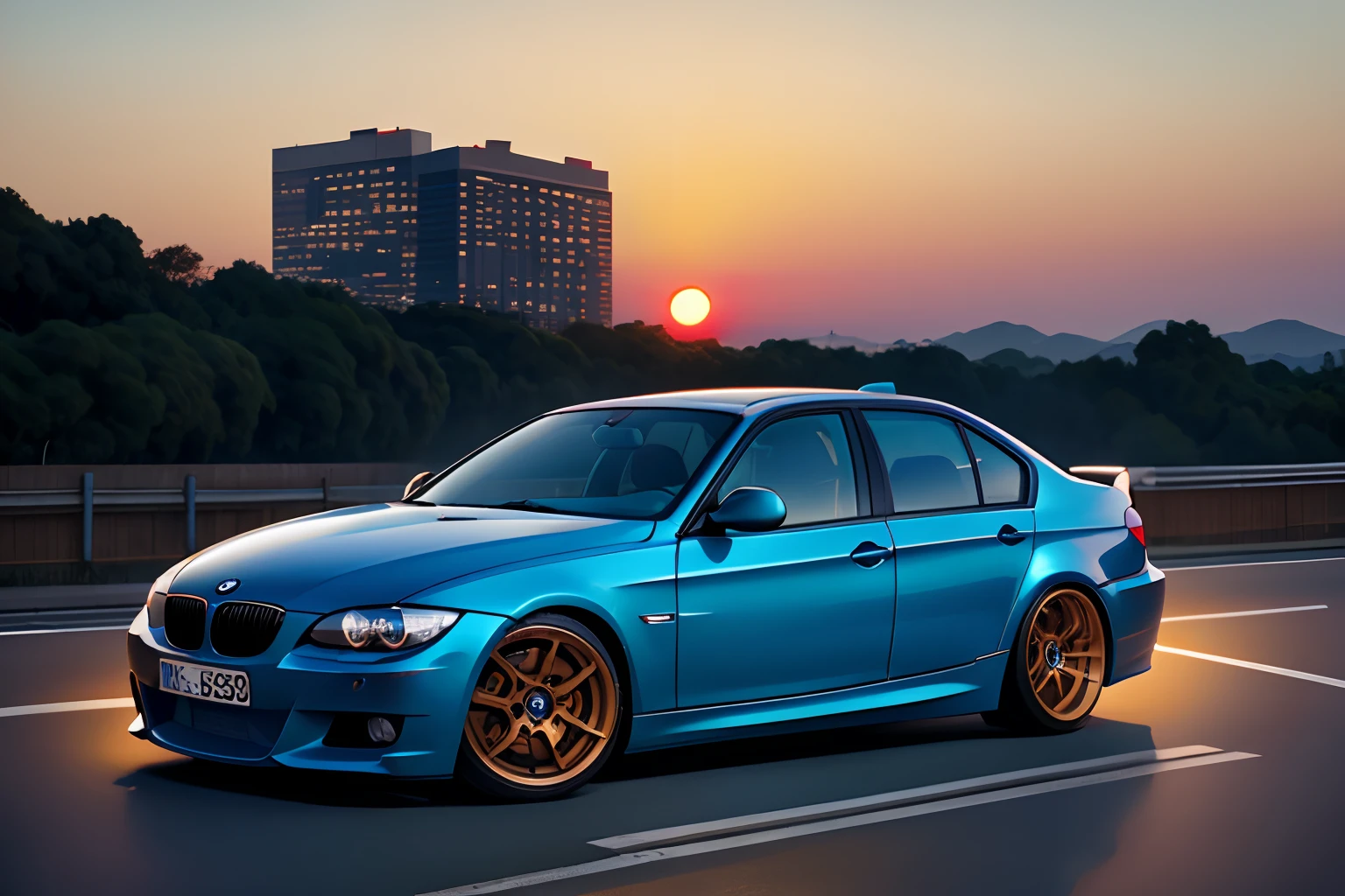 BMW 325i e90 Branca, carro da deriva, Tokyo city sunset, estilo gibli