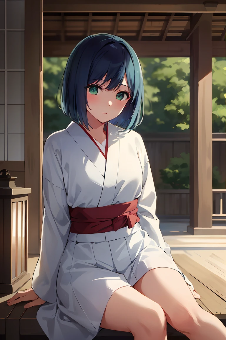 masterpiece, best quality, ultra-high resolution, super detailed, high contrast, Beautiful lighting, depth of fields, blue hair, green eyes, (bob hair:1.5), shrine maiden outfit,white yukata, Exposed skin, Sitting, (beautiful Thigh)