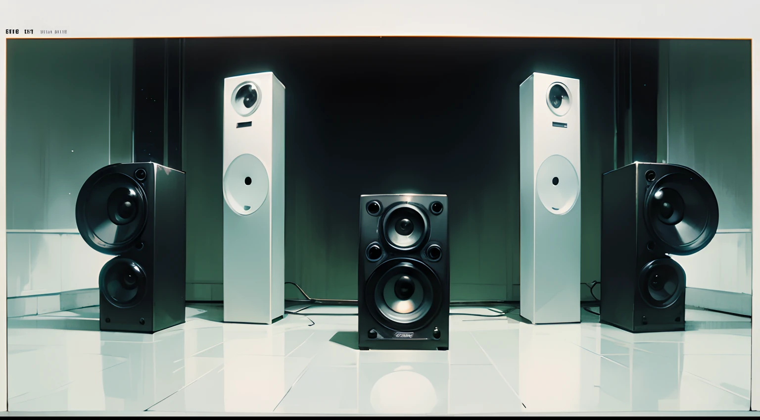 Symmetry composition、White room, drawn in the style of an old anime、There is a large music speaker nearby、