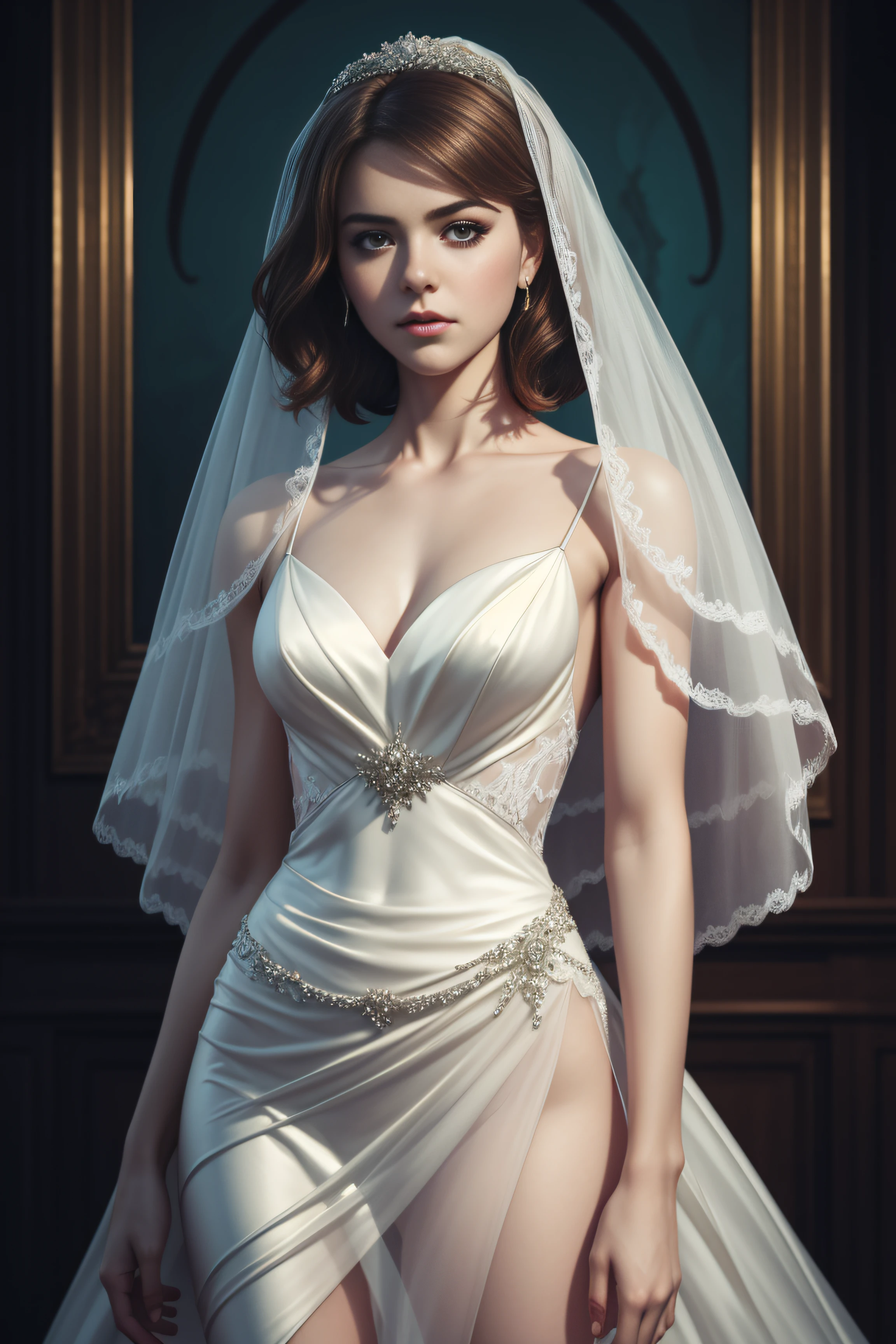 Kiernan Shipka, wearingelegant bride veil gown, standing inside a crowded ballroom, character portrait, 2 9 9 0 s, short hair, intricate, elegant, highly detailed, digital painting, artstation, concept art, smooth, sharp focus, illustration, art by wlop, charlie bowater and alexandra fomina