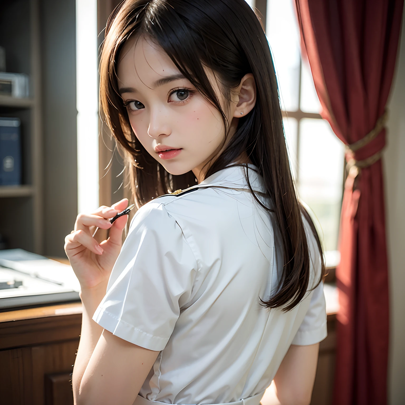 on  the  beach，RAW photos，8K，HighestQuali， 超高分辨率，Beautiful face details，Real human skin，An expression of happiness，up front view，From the angle below，Twist braids，realisticlying，realisticlying，adolable，long  skirt，Walking posture，cute female student，Japanese schoolgirl uniform，Wearing a Japanese school uniform，校服，Surreal high school girl，（full bodyesbian: 1.38)，Cat ears，deep in the night