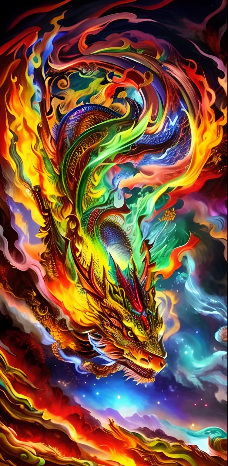 a close up of a dragon with a flower on its head, highly intricate and colorful, majestic japanese dragon, chinese mythology, chinese dragon concept art, lung dragon, colorful intricate masterpiece, phoenix dragon, intricate colorful masterpiece, dragon blowing fire above, chinese dragons fighting, chinese dragon, scary detailed art in color, dragon art, highly detailed and colored, very detailed and colorful