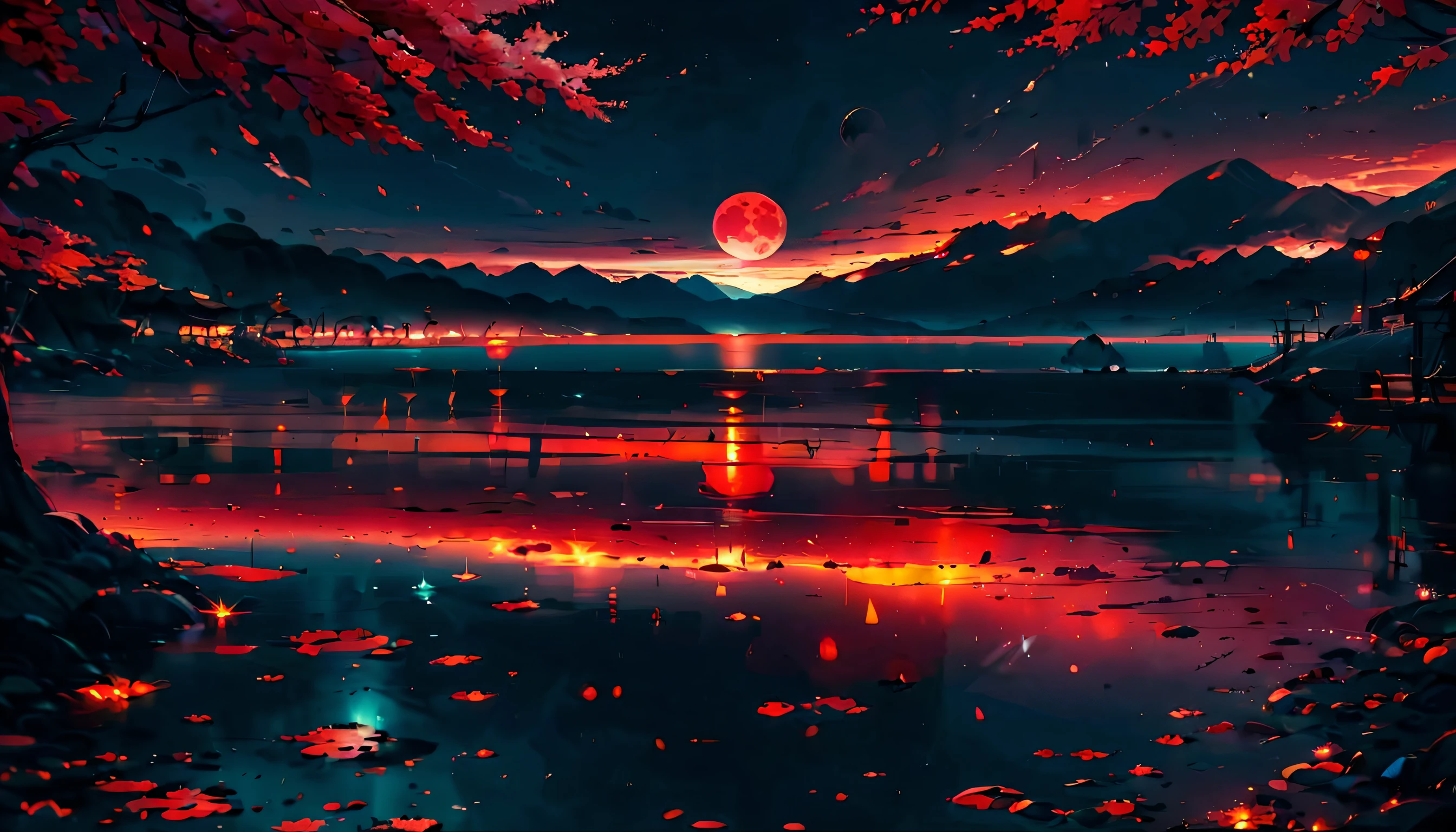 Red sky，Black progressive moon,, blood moon background, Anime art wallpaper 8 K, epic red - orange moonlight，courtyard，The ocean and the fields at night