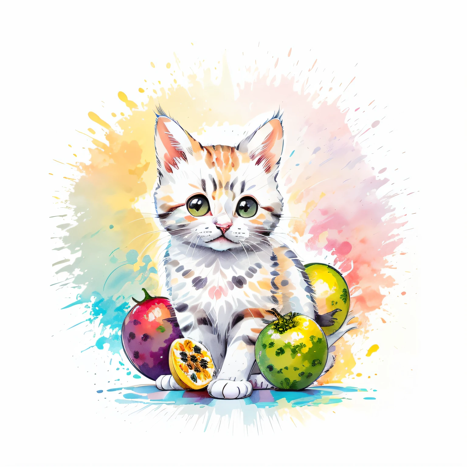 circular design, logo art, (cute cat design with passion fruit), fantasy, colorful, vintage, charming: white background, lowbrow art, digital illustration, radiant; gouache, 16k, minimalistic, doodle, CGSociety, solarpunk, crispy quality, sharp, bright, volumetric lighting, intricate, ample negative white space, as a logo, as a t-shirt logo in the style of art,  vladstudio ,