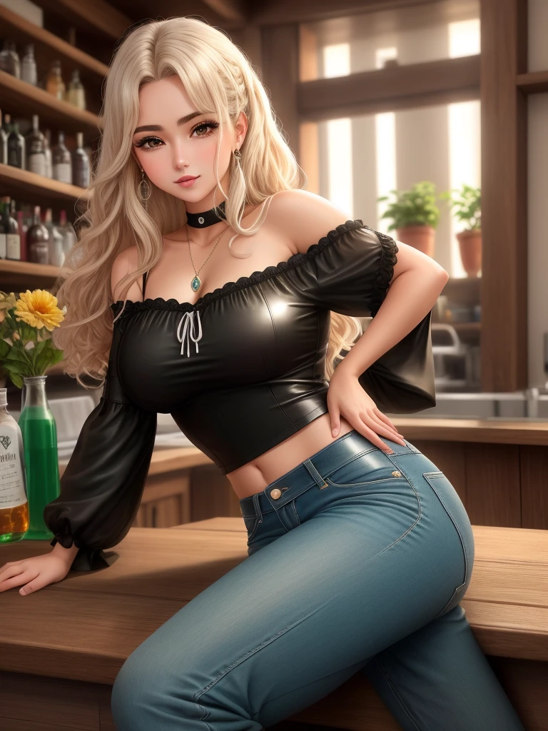 create an anime girl in a black miniskirt with white underwear 26 years old sitting on a bench wearing a low-cut blouse, white woman in tank tops and holding a jar of beer in a luxurious bar landscape
