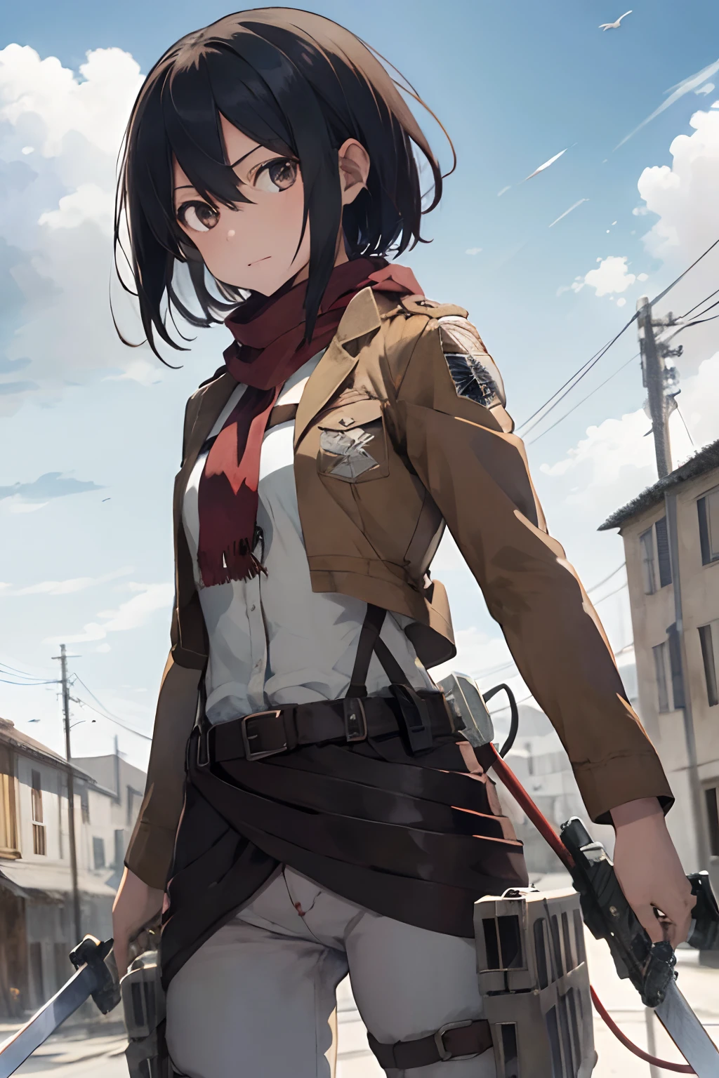 masterpiece, best quality, highres, hmmikasa, short hair, black eyes, scarf, emblem, belt, thigh strap, red scarf, white pants, brown jacket, long sleeves, holding weapon, sword, dual wielding, three-dimensional maneuver gear, fighting stance, sky,