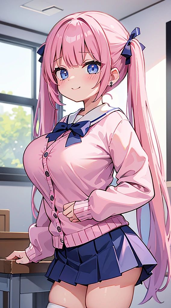 (masterpiece、Highest quality、Very detailed)、((One Girl))、((Pink Hair))、((Twin tails))、((Bright Blue Eyes))、Wicked Smile、((Grin))、vapor、Earrings、((Very large breasts))、((Seraphim))、((Navy blue pleated skirt))、((Black pantyhose pulling))、Cowboy Shot、((I had already finished))、Jim's warehouse
