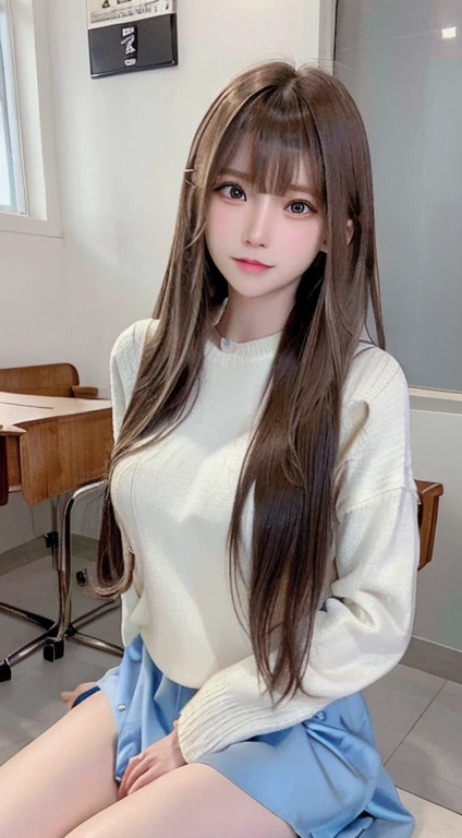 bright expression、photorealisim、top-quality、超A high resolution、a picture、Photos of the most beautiful Nordic girls、Detailed cute and beautiful face、a small face、(pureerosface_v1:0.008)、Beautiful bangs、alice in the wonderland、sixteen years old、(thighs thighs thighs thighs:1.2)、full body Esbian、Glowing white shiny skin、Hair tangled in the face、Bangs that extend to the face、bangss、Hair between the eyes、length hair、Attractive brown silky hair、finer hair、Attractive glowing beautiful bright clear light blue big eyes、(winter school uniform:1.2)、(pleatedskirt:1.2)、eye liner、Sitting in a classroom、Double eyelids、ample breasts、Dynamic Pose