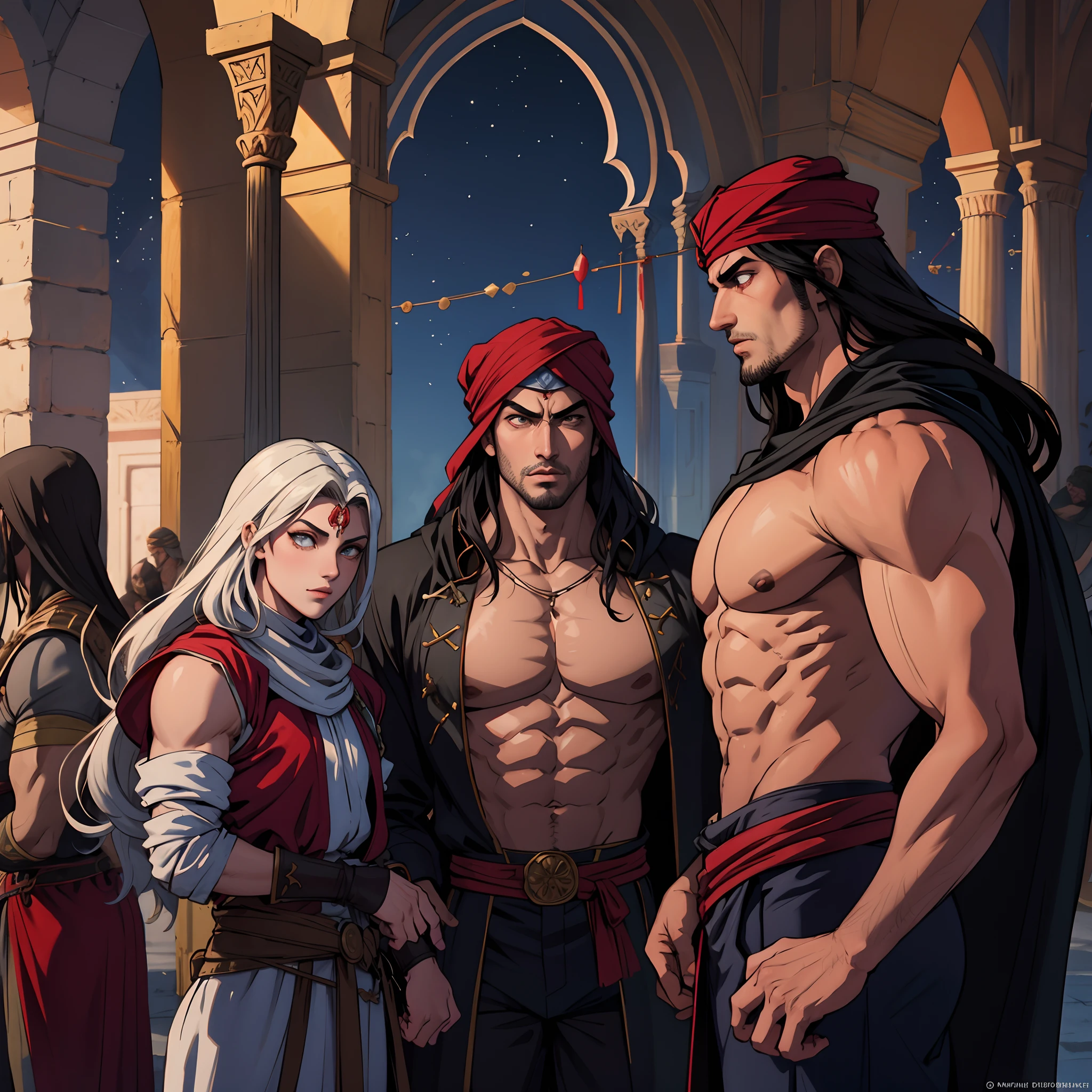 Moroccan islamic Castlevania seigneur de l’ombre hyper réaliste super détaillé plan dynamique pièce maîtresse scène de Arabian moroccan red turban hokuto no ken kenshiro Lord Dracula menant des troupes armée de démons au combat détails pointus hokuto no ken kenshiro muscular handsome warrior s style