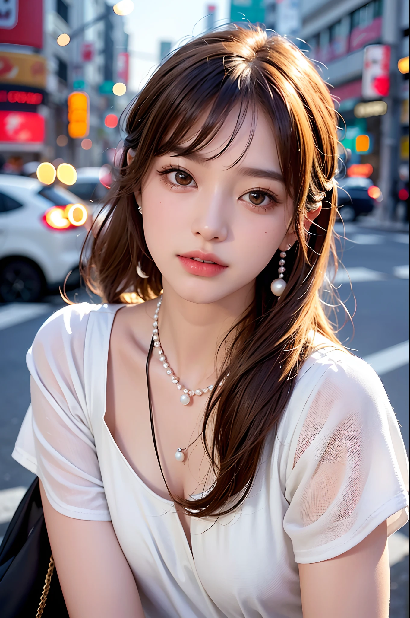 1girll, Tokyo street, natta, A city scape, Urban lighting, Upper body body, close-up, 8K, Raw-Photo, Top Quality, masterpiece, Photorealistic, Photo Photorealistic,Red Eyes,Rabbit hairpins,Long-haired,Upper body body,small mouth,Brown eyes,White Rabbit Necklace,Immaculate skin,dark eyelashes,Pearl earrings,Neat bangs,girls,a blond,Asian,Beautiful Woman,Distinctive features,White dress,girls,Yellow hair,Ultra-detailed,Best quality at best,Masterpiece,evening,the moon,natta