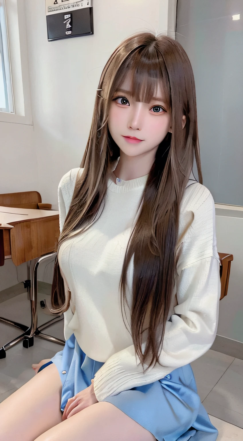 bright expression、photorealisim、top-quality、超A high resolution、a picture、Photos of the most beautiful Nordic girls、Detailed cute and beautiful face、a small face、(pureerosface_v1:0.008)、Beautiful bangs、alice in the wonderland、18year old、(thighs thighs thighs thighs:1.2)、full body Esbian、Glowing white shiny skin、Hair tangled in the face、Bangs that extend to the face、bangss、Hair between the eyes、Super long hair、Attractive brown super long straight silky hair、finer hair、Attractive glowing beautiful bright clear light blue big eyes、(Oversized School Sweater:1.2)、(pleatedskirt:1.2)、eye liner、Sitting in a classroom、Double eyelids、ample breasts、Dynamic Pose