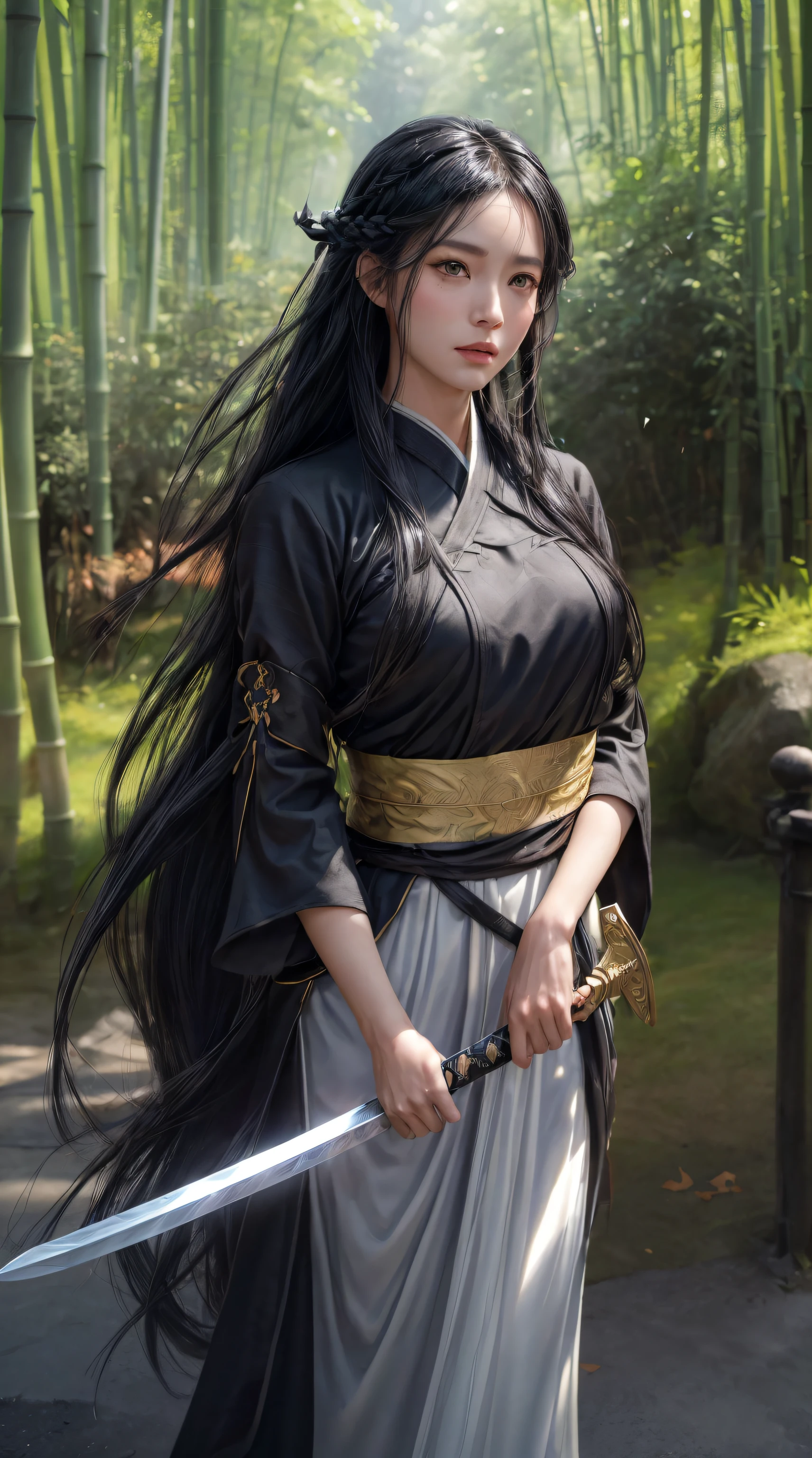Valkyrie, Black color hair,flowy,vivd colour(Hanfu:1.5),(A sword in his hand),(dream magical:1.5)。(Wind in the bamboo forest), (The wind blows the leaves), ( High skin detail: 1.2), (Best quality,4K,8K,A high resolution,Masterpiece:1.2),(Realistic,Photorealistic,photo-realistic:1.37).