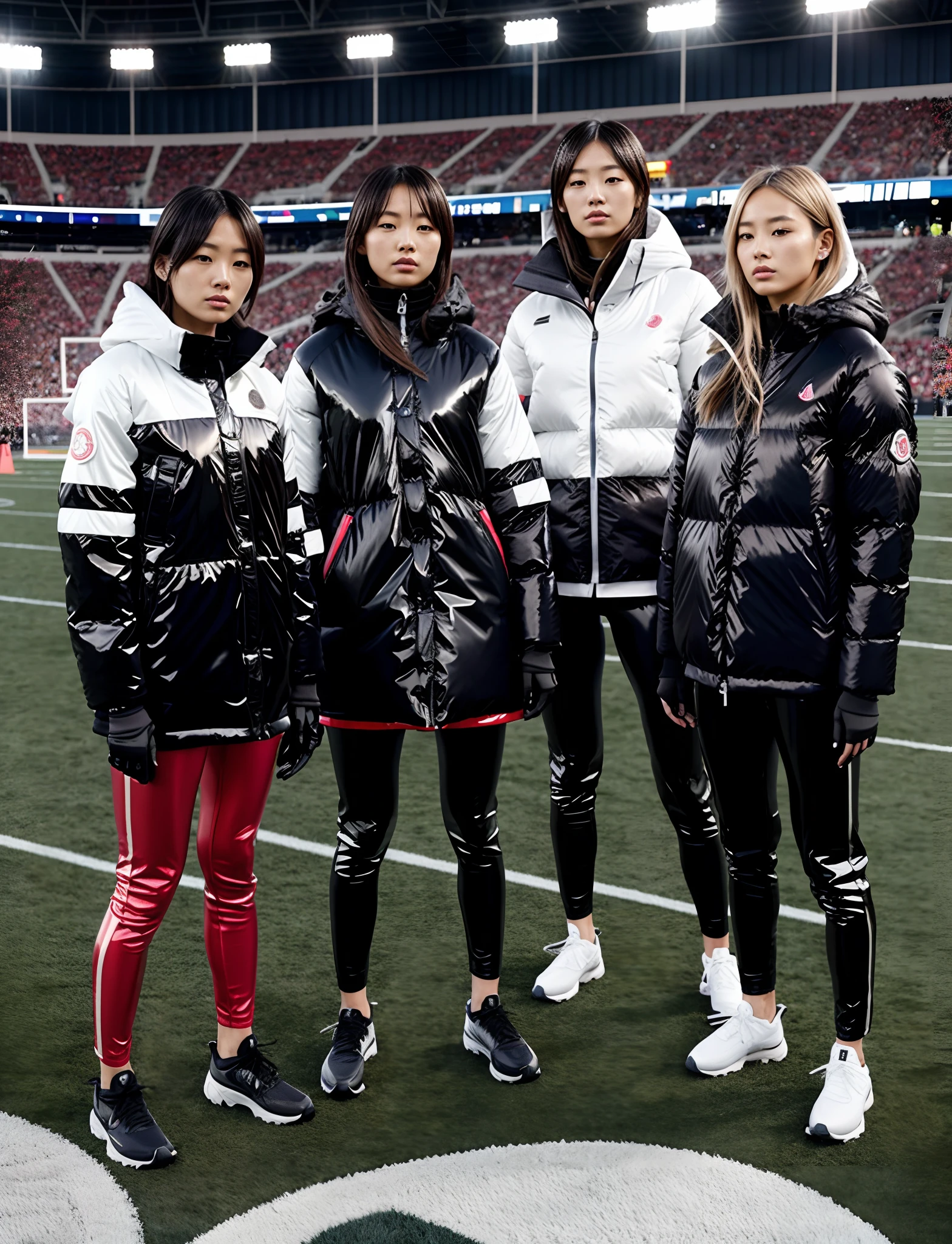 an empty stretcher in the foreground on the bottom, sad japanese girls, unlucky but pretty japanese girls in moncler coats, japanese girls in laquered puffer coats and shiny vinyl leggings, vinyl leggings, moncler coats, shiny down coats, laquered downcoats, high shine laqplastic coats, laquered Moncler downcoat, high shine laquered coats, moncler, four women in black down jackets standing on a blue field, godesses, 💣 💥💣 💥, professional sports style, 2 techwear women, sports clothing, wearing japanese techwear, official, sport clothing, 🤬 🤮 💕 🎀, black and red only, 💣 💥, illustration:.4, wearing track and field suit, ƒ / 2. 5, a scene in the interior of a football stadium with green sports turf, near the sidelines, in the background a spectator in the stands of the stadium