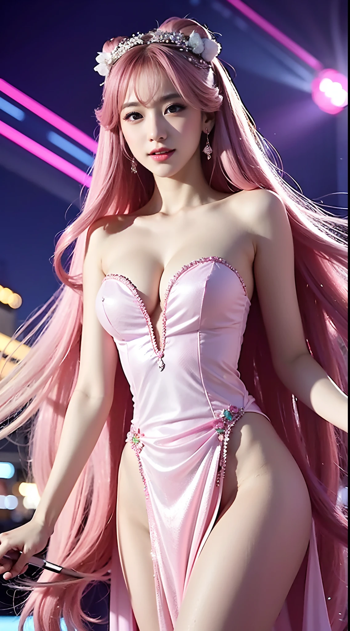 girl, Flowing beautiful long hair, Pink Eye Shadow、 Fluorescent pink imperial costume, neckline, Anime, The background is a clear sky with twinkling lights, Dynamic Angle, Arrogant laughter