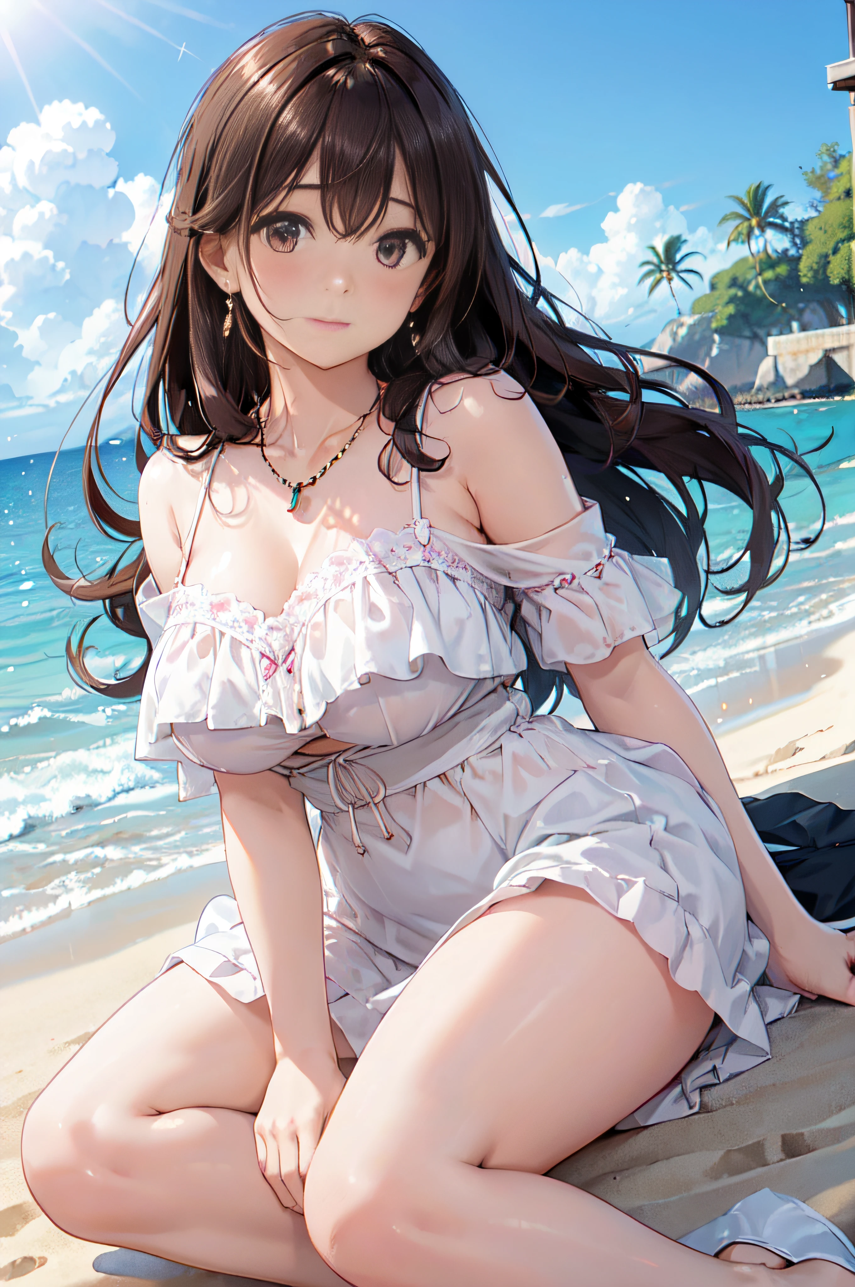 (High quality, High resolution, Fine details, Realistic), Long Wave Hair、dark brown hair、Earring、Modest necklace、Off-the-shoulder white shirt,pleatedskirt, crystal clear skies, Strong sunshine, Solo, Adult Woman, Sparkling eyes, Shy laughter,Kamimei、 blush, Large breasts, Oily skin, Shallow depth of field、Puffy nipple、Pose with chest emphasis in a slouching position、sand beach、Lying down、Pink lace panties