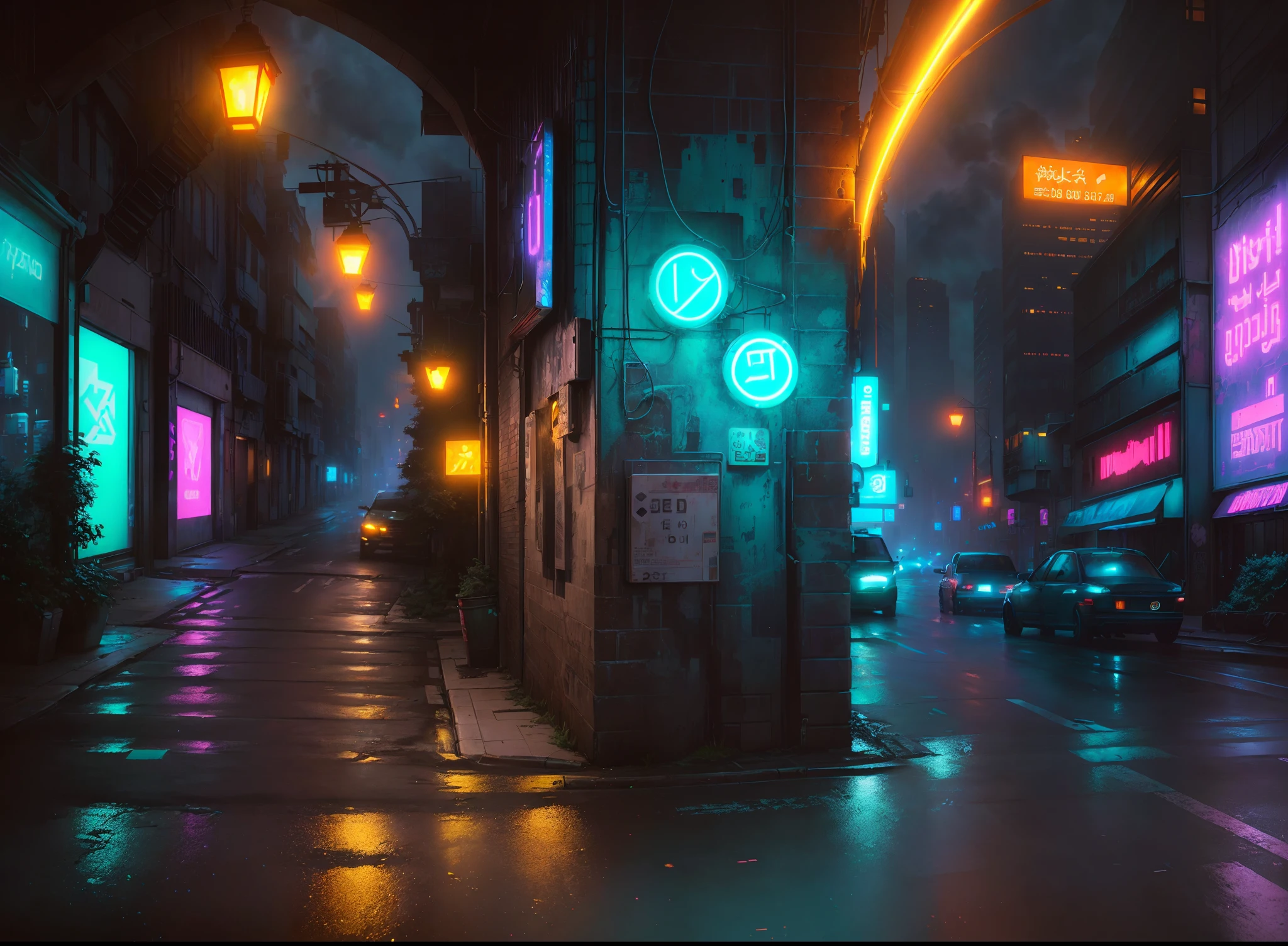 There is a photo of a city street, On which cars pass, City + Graffiti background, The left side of the image is in shadow, gloom, Gothic atmosphere, The lanterns are on, Linear Lighting, Cinematic neon matte painting, Urban concept art, hyper realistic cyberpunk city, Stylized works of urban fantasy, Cyberpunk style , A hyper-realistic, cyberpunk city street background, Digital Graffiti Landscape, hyper realistic cyberpunk style, Cyberpunk Alley, cyberpunk city street, cyberpunk street, Matte Oil Painting