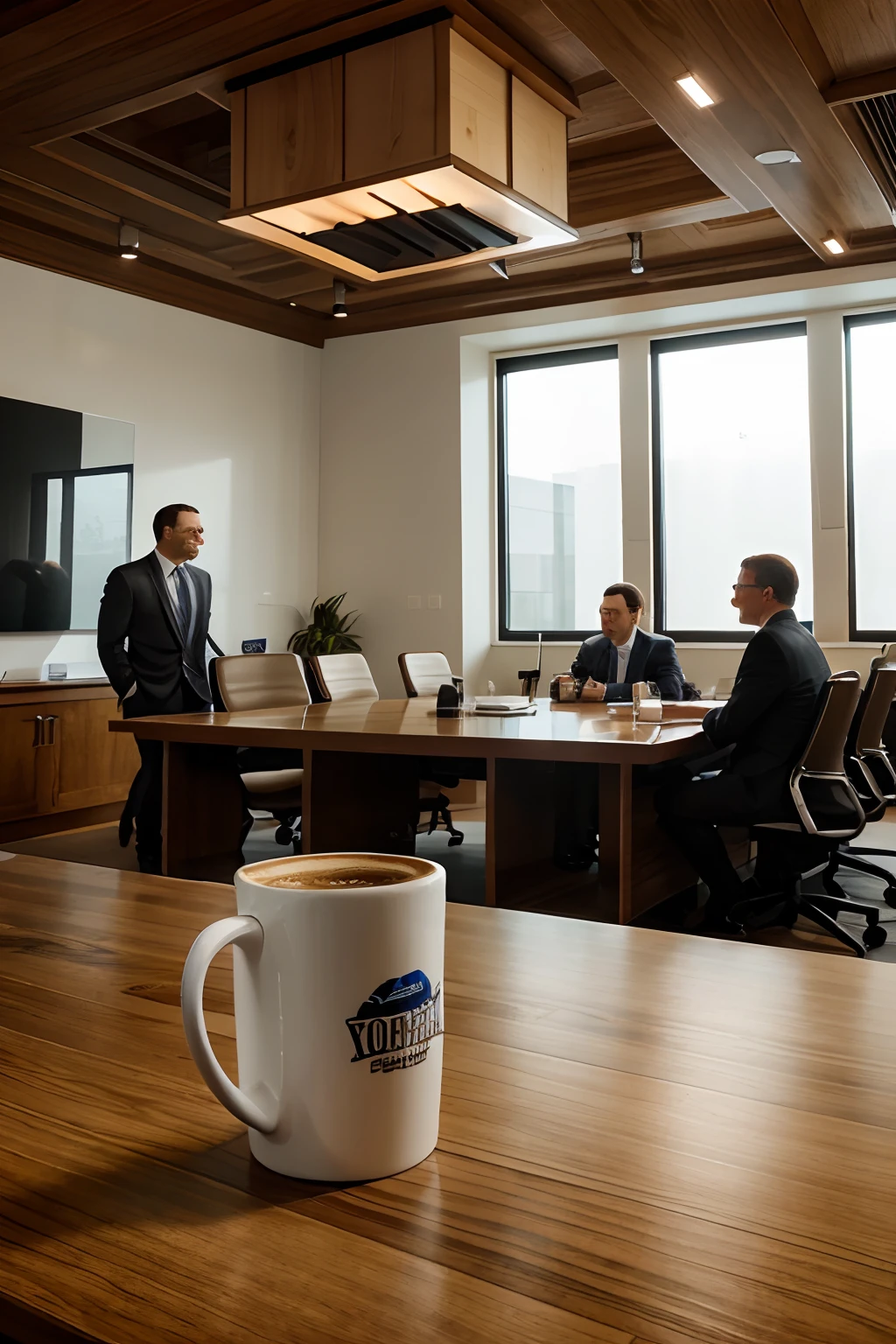 4 people holding custom printed company mugs, mugs all the same are white with corporate logo on them, the board room has a few folks in suits drinking coffee in the meeting. Room has dark wood, large windows, paintings