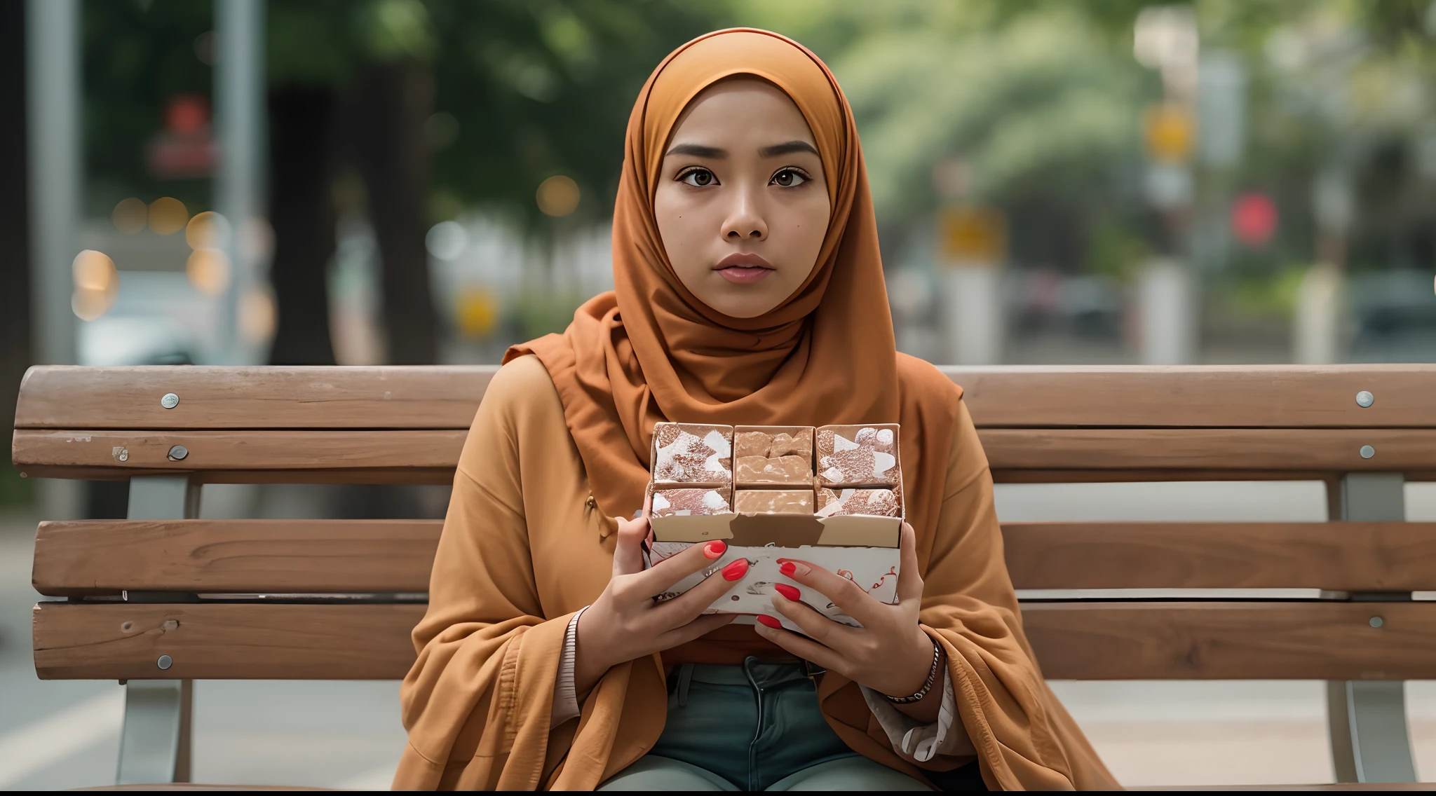 Create a cinematic film still inspired by 'Forrest Gump' with a Malay girl in hijab sitting on a bench, holding a box of chocolates, waiting for someone. Use a medium telephoto lens to focus on her expression.