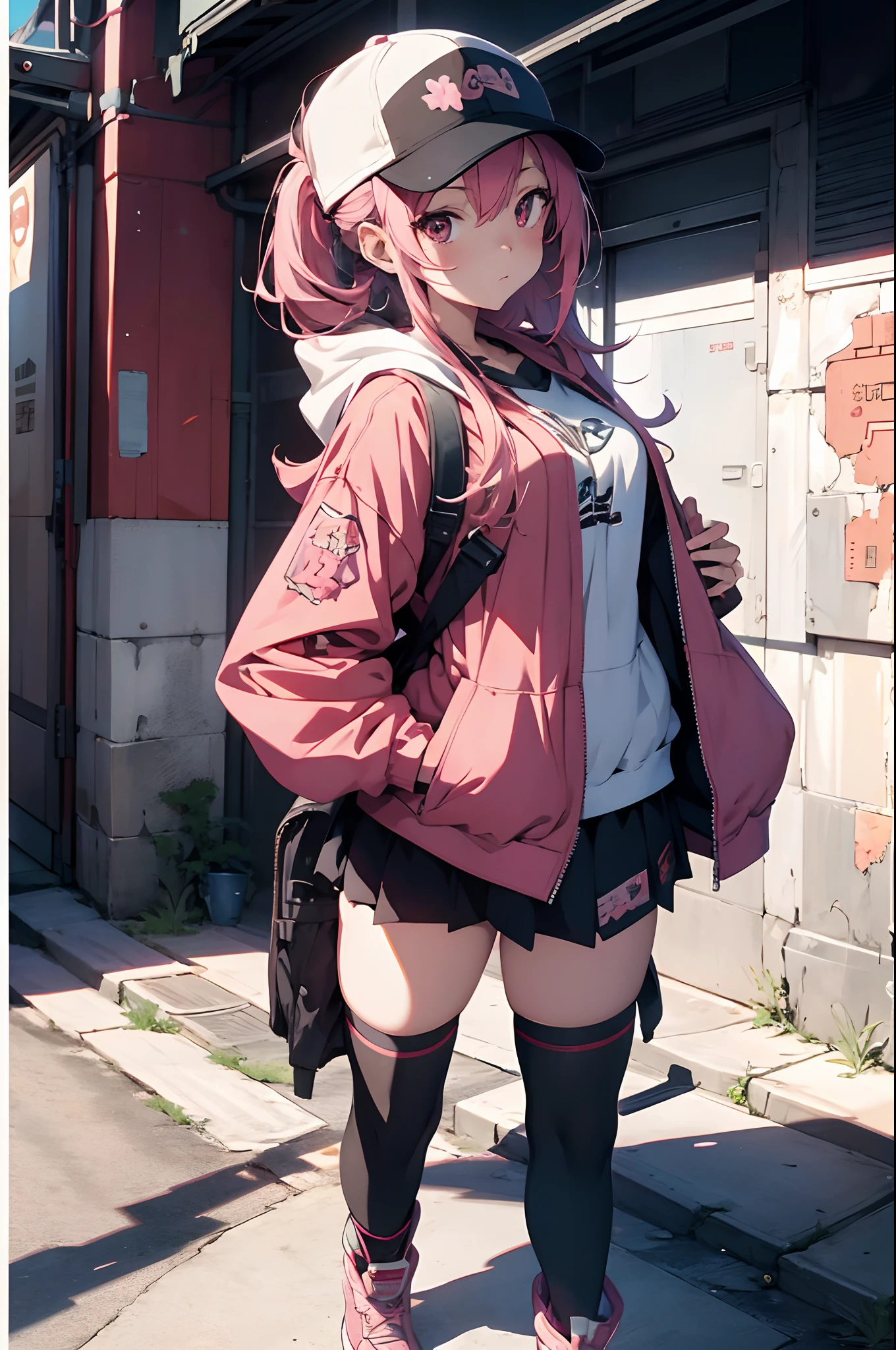 anime girl with a gun and a backpack standing in front of a wall of newspapers, long pink hair, emo, Trendy Girl, wearing a cool jacket, cap, red brake wall with newspaper background, anime style 4 k, artwork in the style of guweiz, best anime 4k konachan wallpaper, cyberpunk anime girl in hoodie, anime art wallpaper 8 k, e-girl, e - girl, guweiz, anime style. 8k, anime art wallpaper 4 k