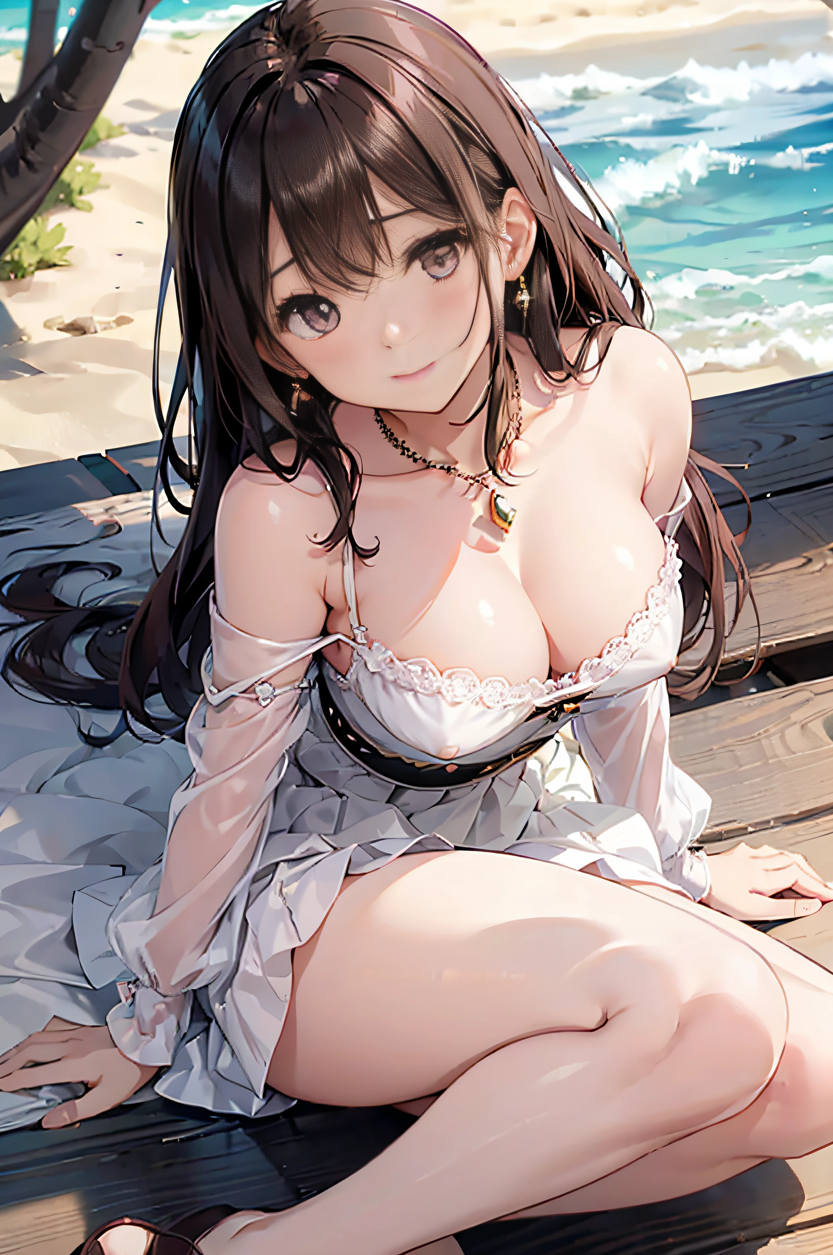 (High quality, High resolution, Fine details, Realistic), Long Wave Hair、dark brown hair、Earring、Modest necklace、Off-the-shoulder white shirt,Pink Lace Pleated Skirt, crystal clear skies, Strong sunshine, Solo, Adult Woman, Sparkling eyes, Shy laughter,Kamimei、 blush, Large breasts,  Oily skin, Shallow depth of field、Puffy nipple、Pose with chest emphasis in a slouching position、sand beach、Lying down、