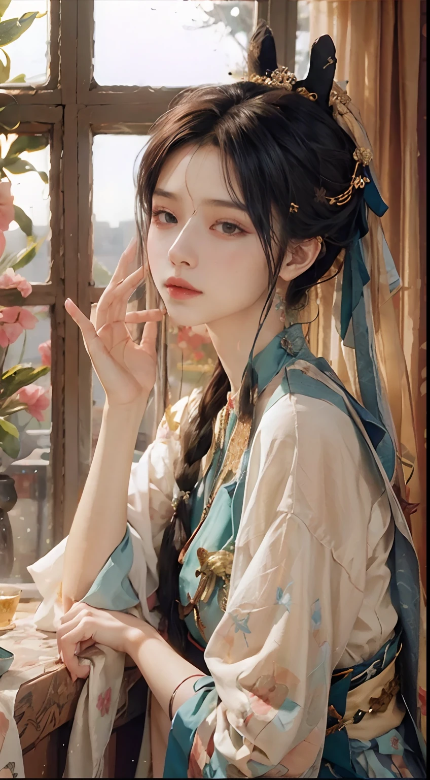 （RAW photos，best qualtiy），（realisticlying，photograph realistic：1.3），best qualtiy，highly  detailed，Posture，Hyper-detailing，illustratio，1girll，Drag your chin to the window with your hand，Hanfu，Melancholy Look，best qualtiy，ink，Cool colors，cinmatic lighting，lovely and delicate