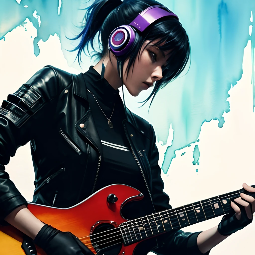 guitar,cyber punk,very watercolor,woman