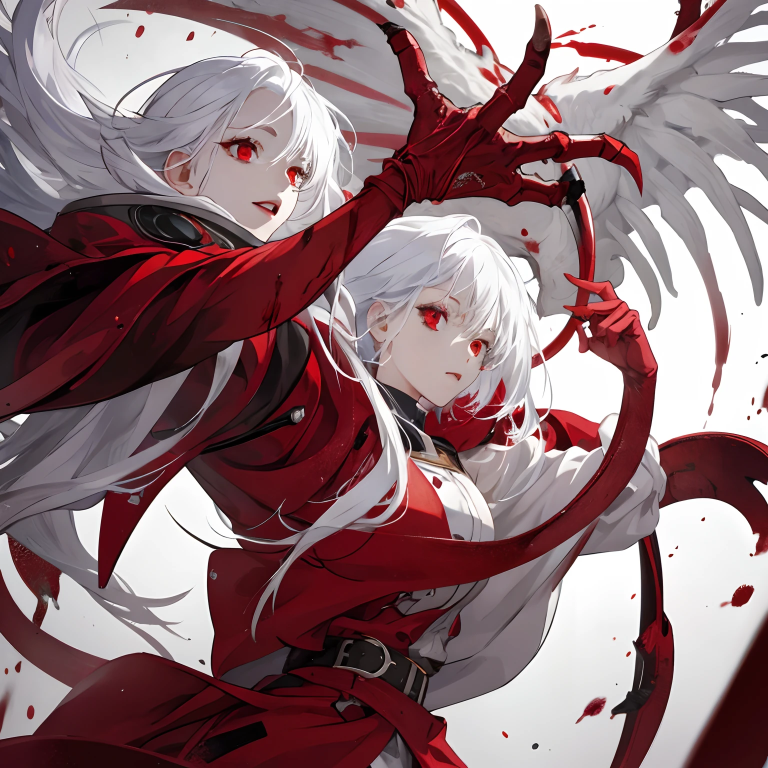 girl with,white hair,Return blood,reddish,Limb amputation,Maniacal,red eyes,